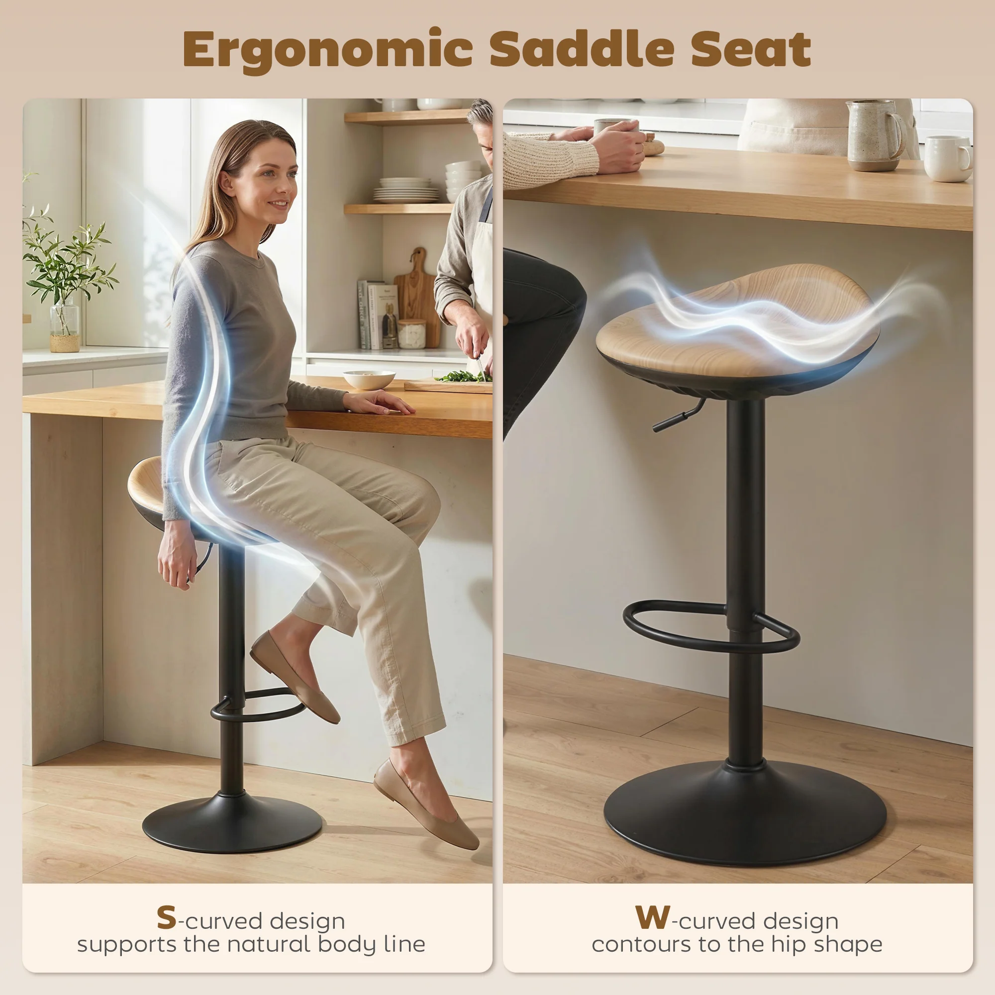HOMCOM Set of 2 Breakfast Barstools, PU Leather Swivel Bar Stools, Oak - Image 3
