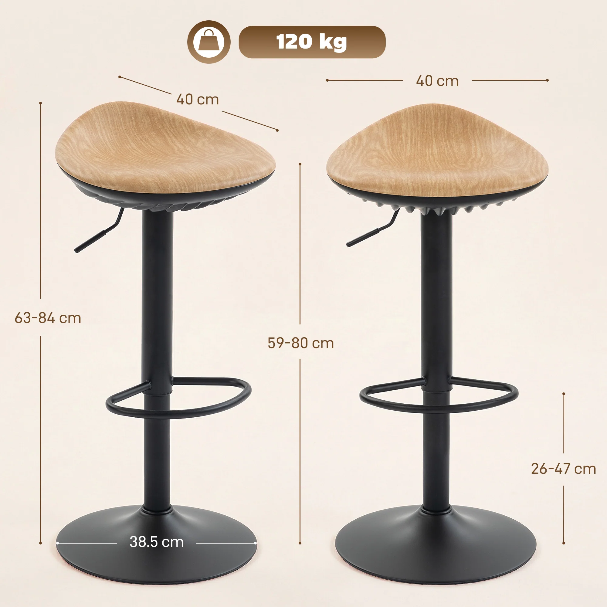 HOMCOM Set of 2 Breakfast Barstools, PU Leather Swivel Bar Stools, Oak - Image 5