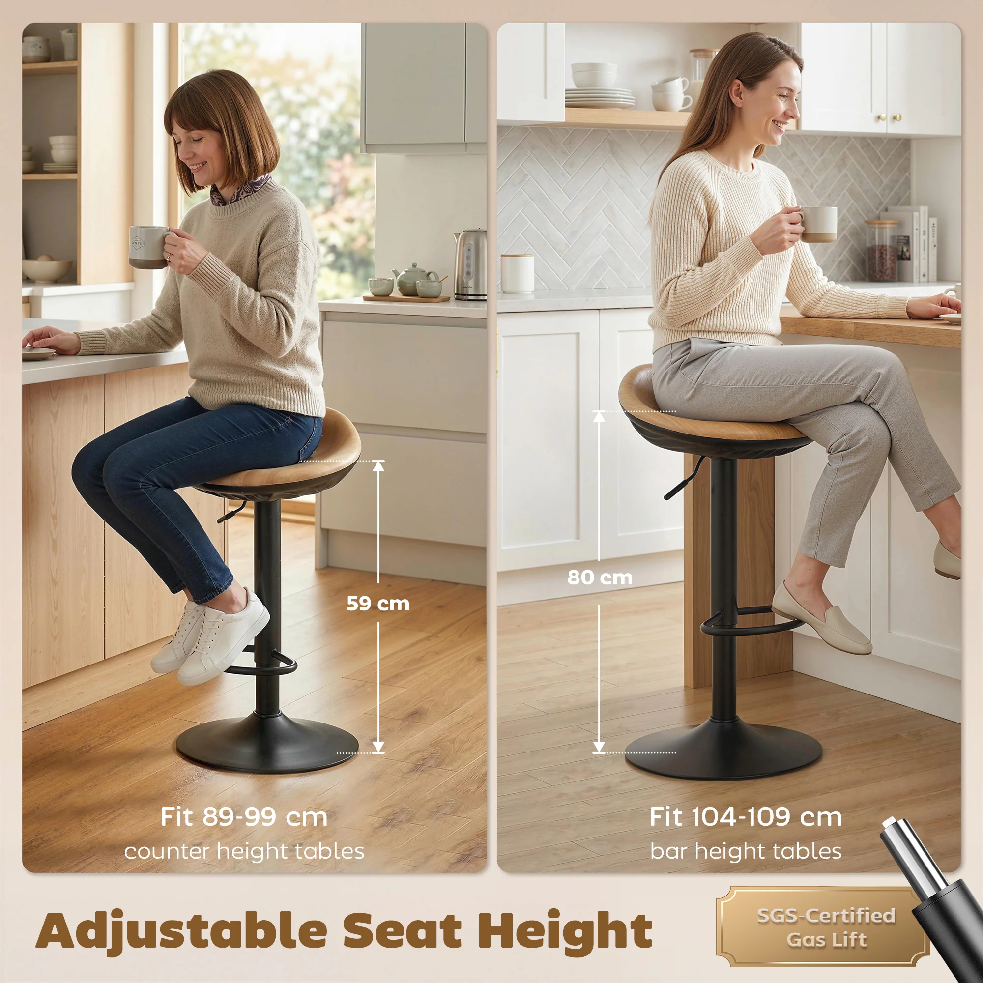 HOMCOM Set of 2 Breakfast Barstools, PU Leather Swivel Bar Stools, Oak - Image 6
