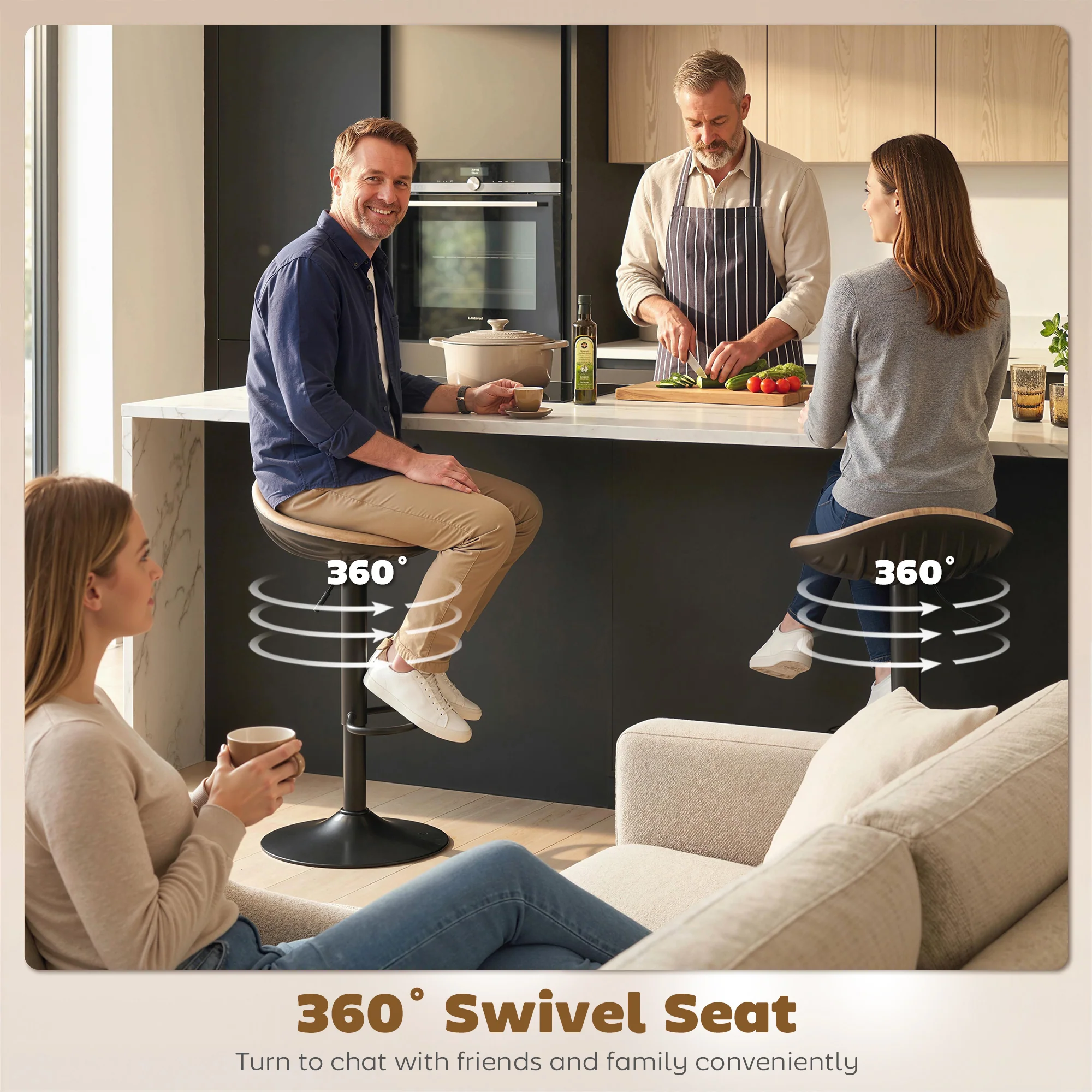 HOMCOM Set of 2 Breakfast Barstools, PU Leather Swivel Bar Stools, Oak - Image 7