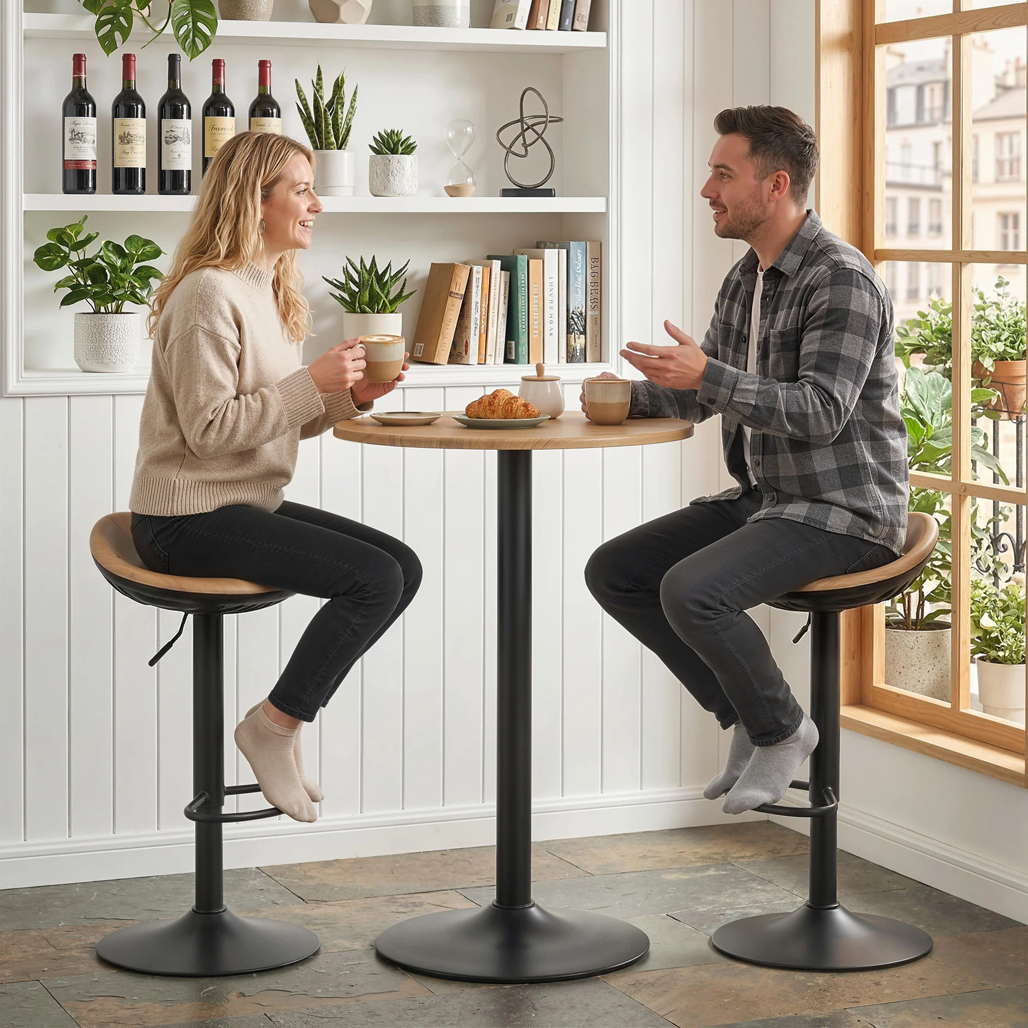 HOMCOM Set of 2 Breakfast Barstools, PU Leather Swivel Bar Stools, Oak - Image 9