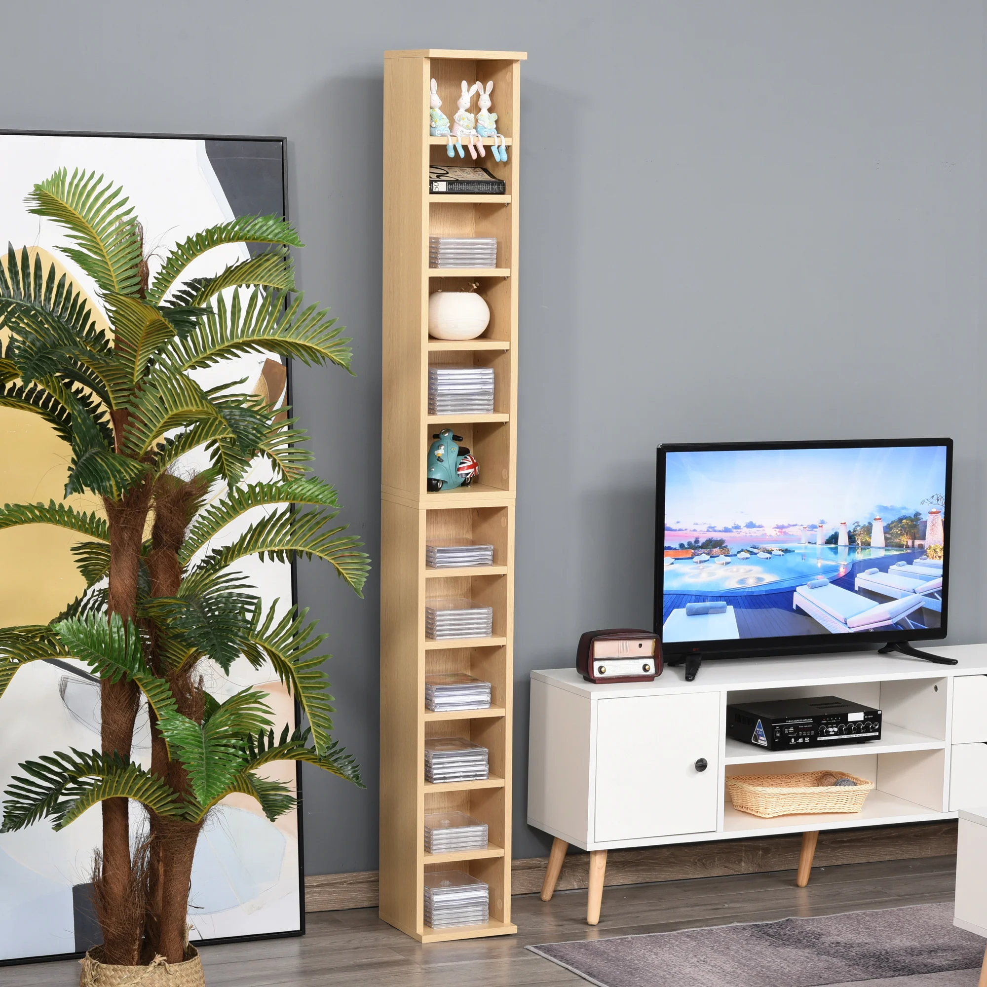 HOMCOM Set of 2 CD Media Display Shelf Unit Tower Rack Adjustable, Wood Color - Image 2