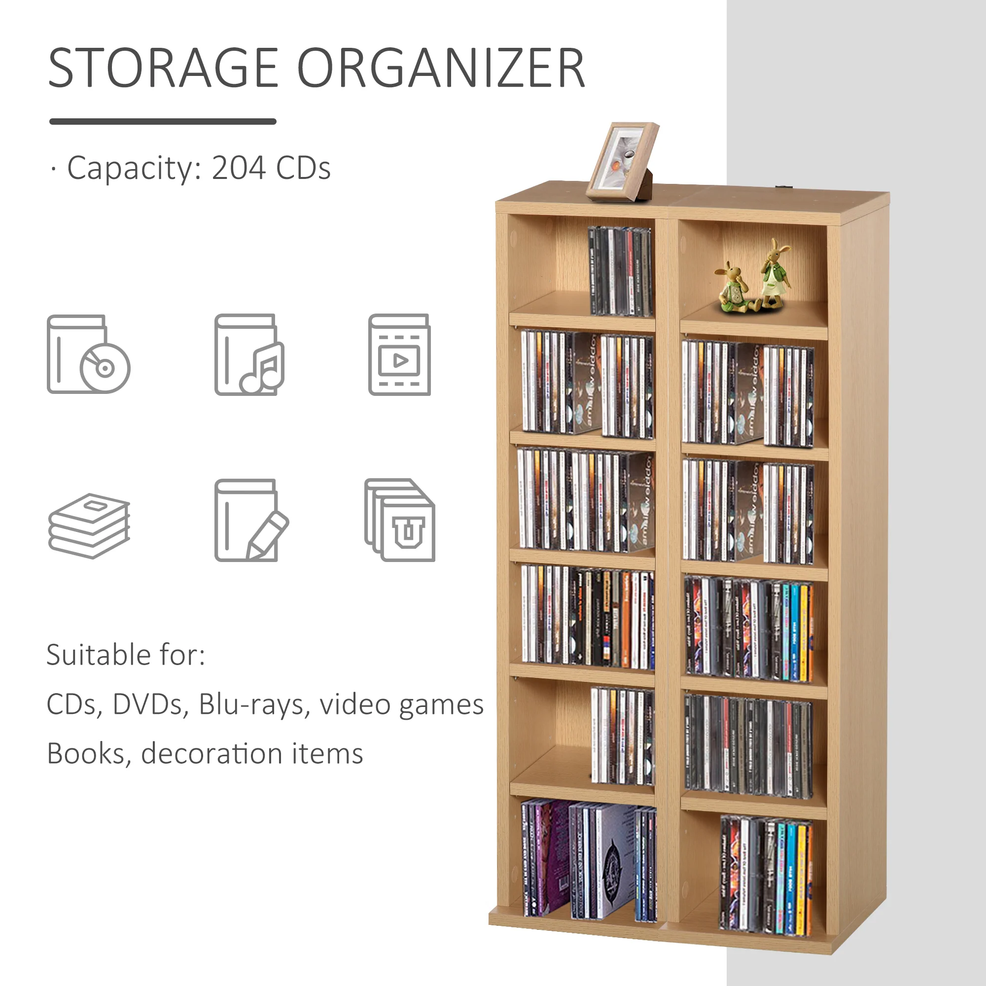 HOMCOM Set of 2 CD Media Display Shelf Unit Tower Rack Adjustable, Wood Color - Image 3