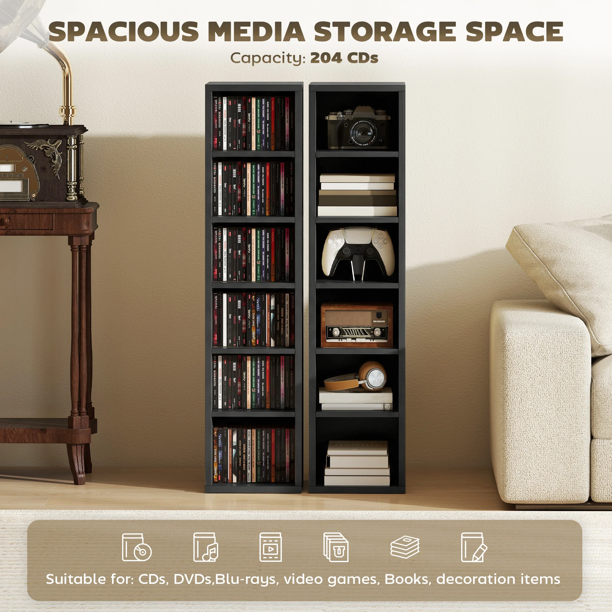 HOMCOM Set of 2 CD Storage Units DVD Shelf with Adjustable Shelves, Black - Image 4