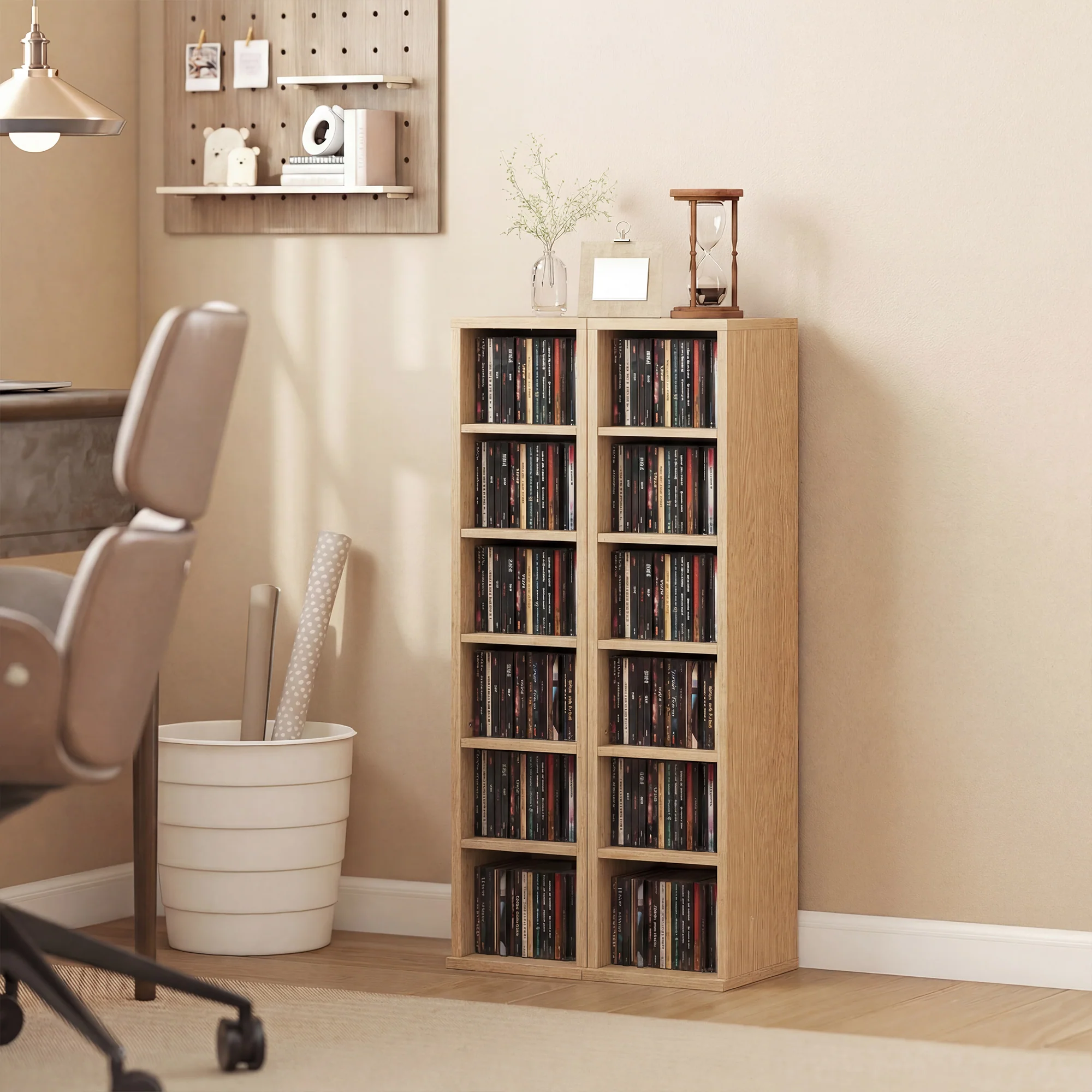 HOMCOM Set of 2 CD Storage Units DVD Shelf with Adjustable Shelves, Natural - Image 2