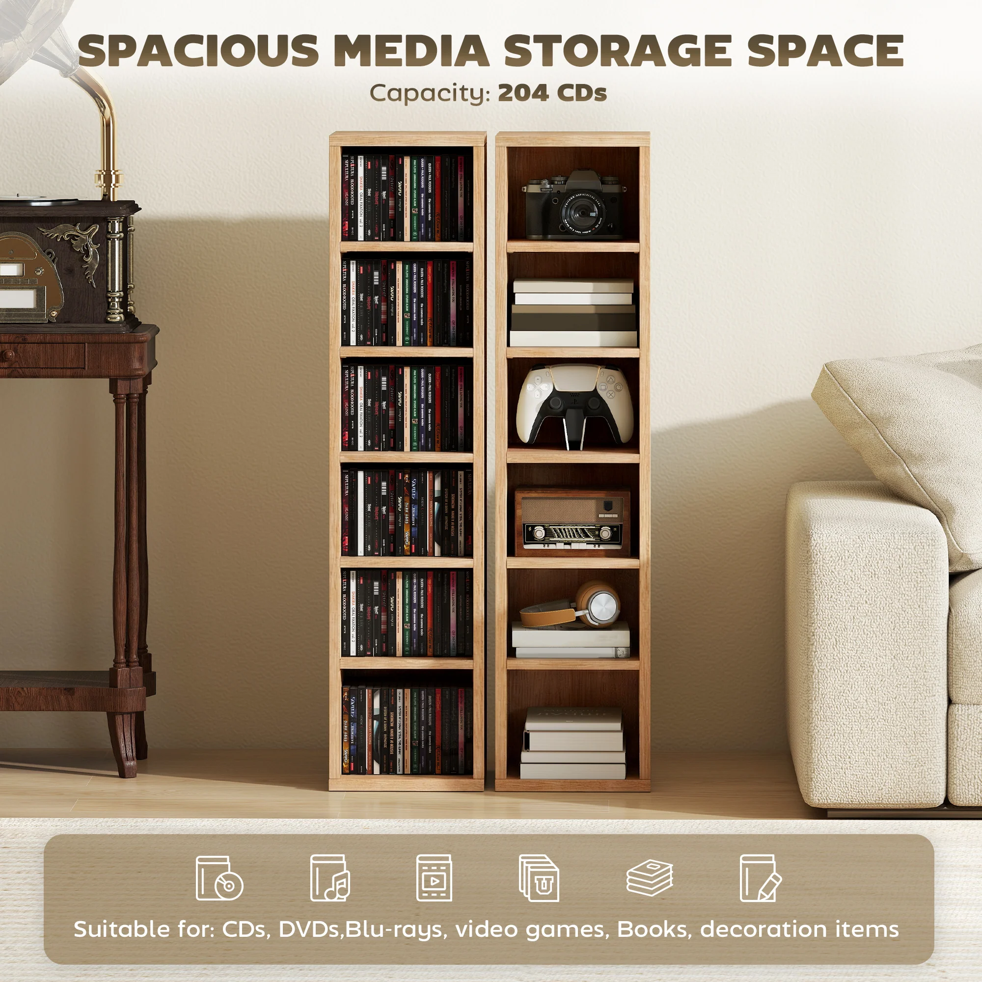 HOMCOM Set of 2 CD Storage Units DVD Shelf with Adjustable Shelves, Natural - Image 3