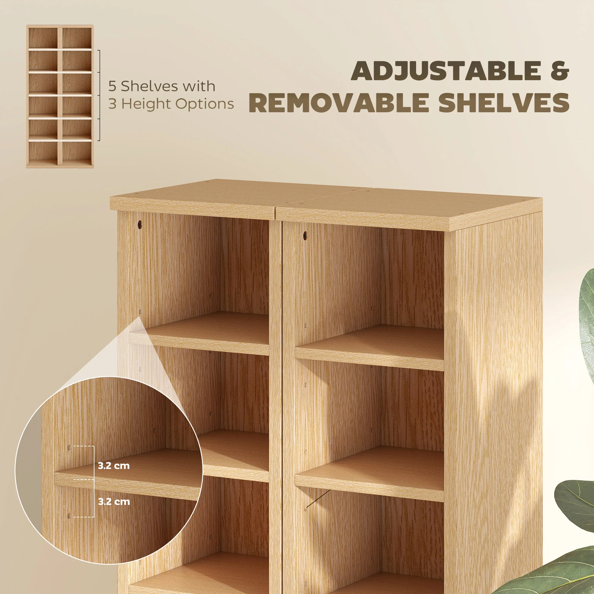 HOMCOM Set of 2 CD Storage Units DVD Shelf with Adjustable Shelves, Natural - Image 6