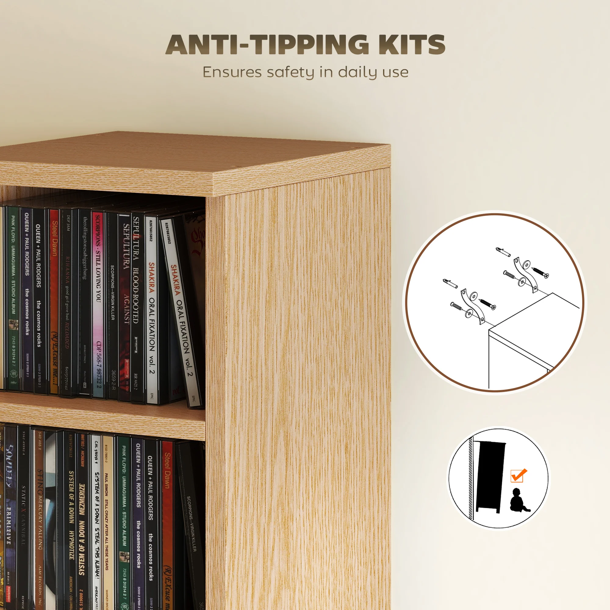 HOMCOM Set of 2 CD Storage Units DVD Shelf with Adjustable Shelves, Natural - Image 7