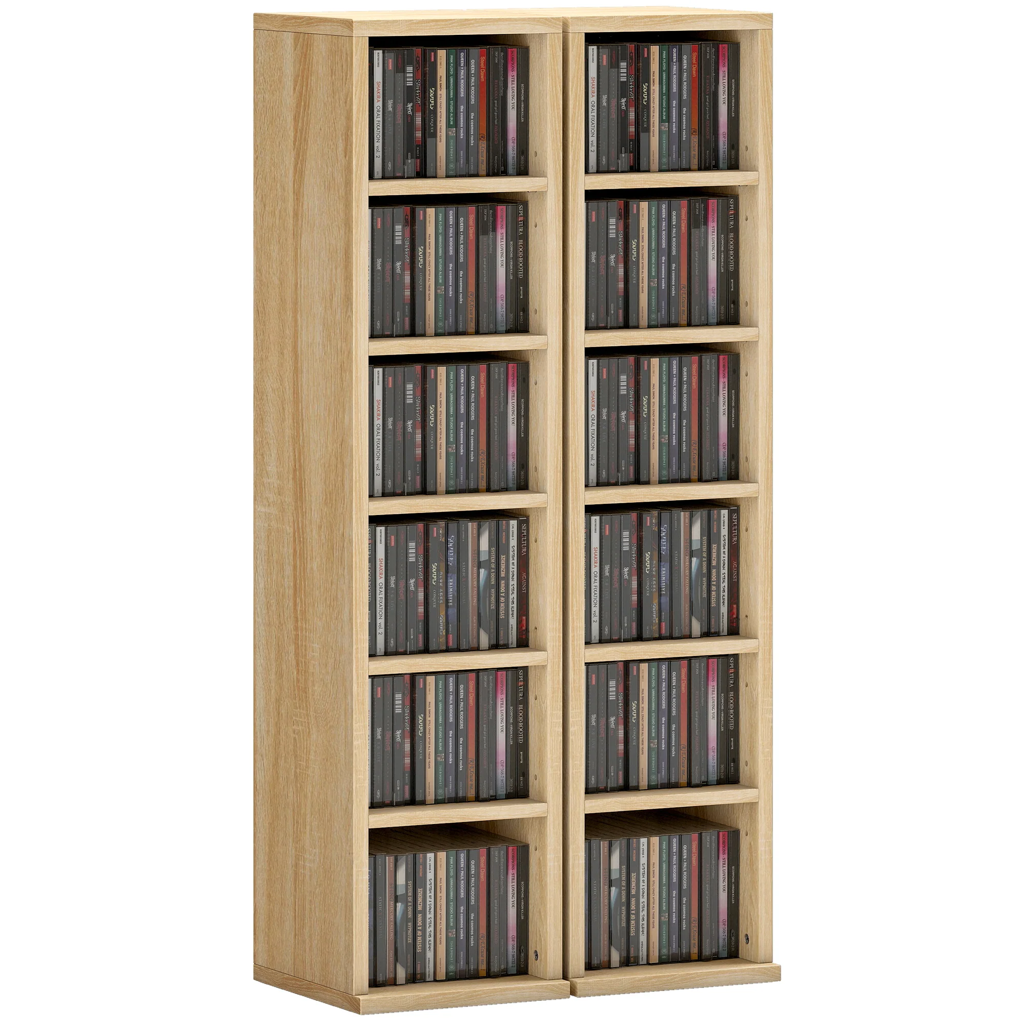 HOMCOM Set of 2 CD Storage Units DVD Shelf with Adjustable Shelves, Oak