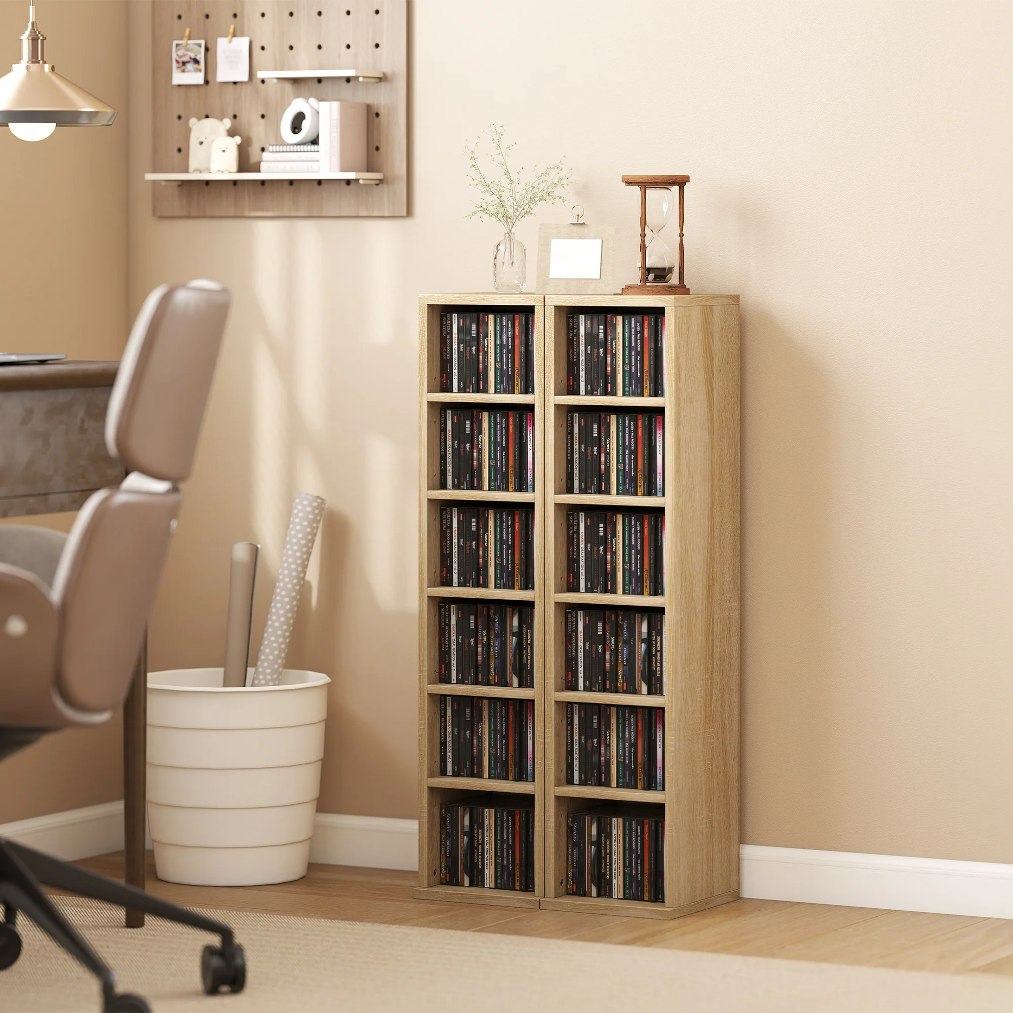 HOMCOM Set of 2 CD Storage Units DVD Shelf with Adjustable Shelves, Oak - Image 2