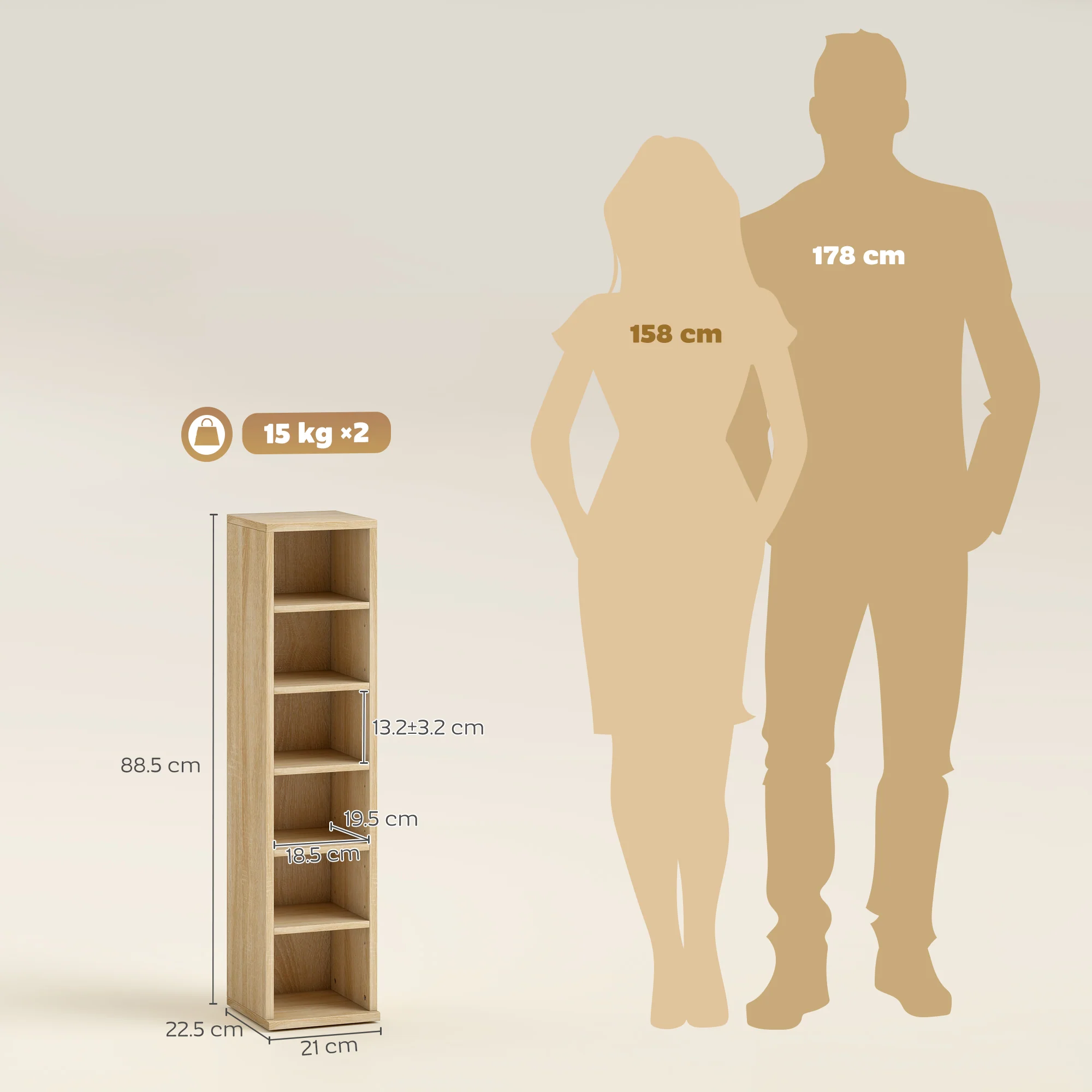HOMCOM Set of 2 CD Storage Units DVD Shelf with Adjustable Shelves, Oak - Image 3
