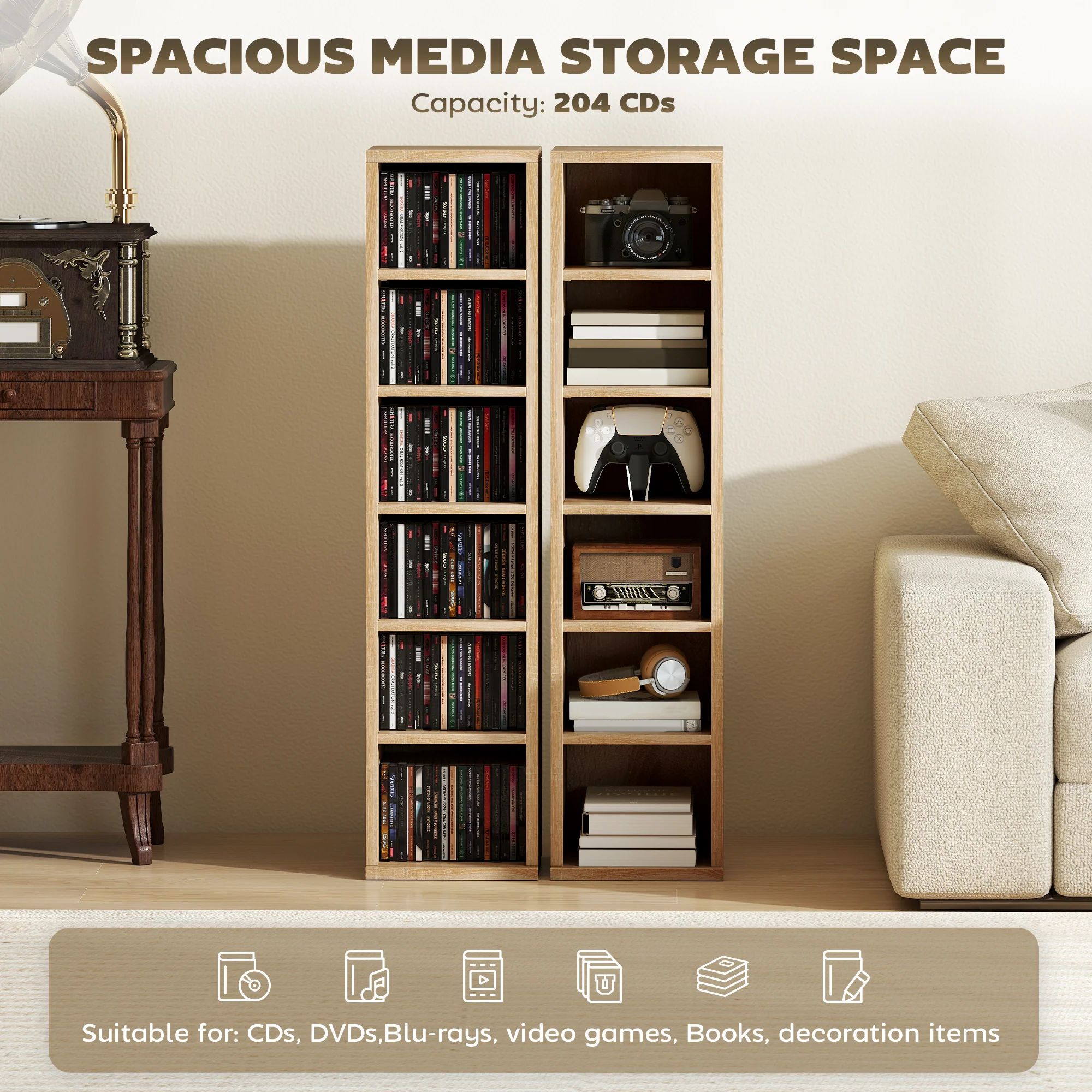 HOMCOM Set of 2 CD Storage Units DVD Shelf with Adjustable Shelves, Oak - Image 4