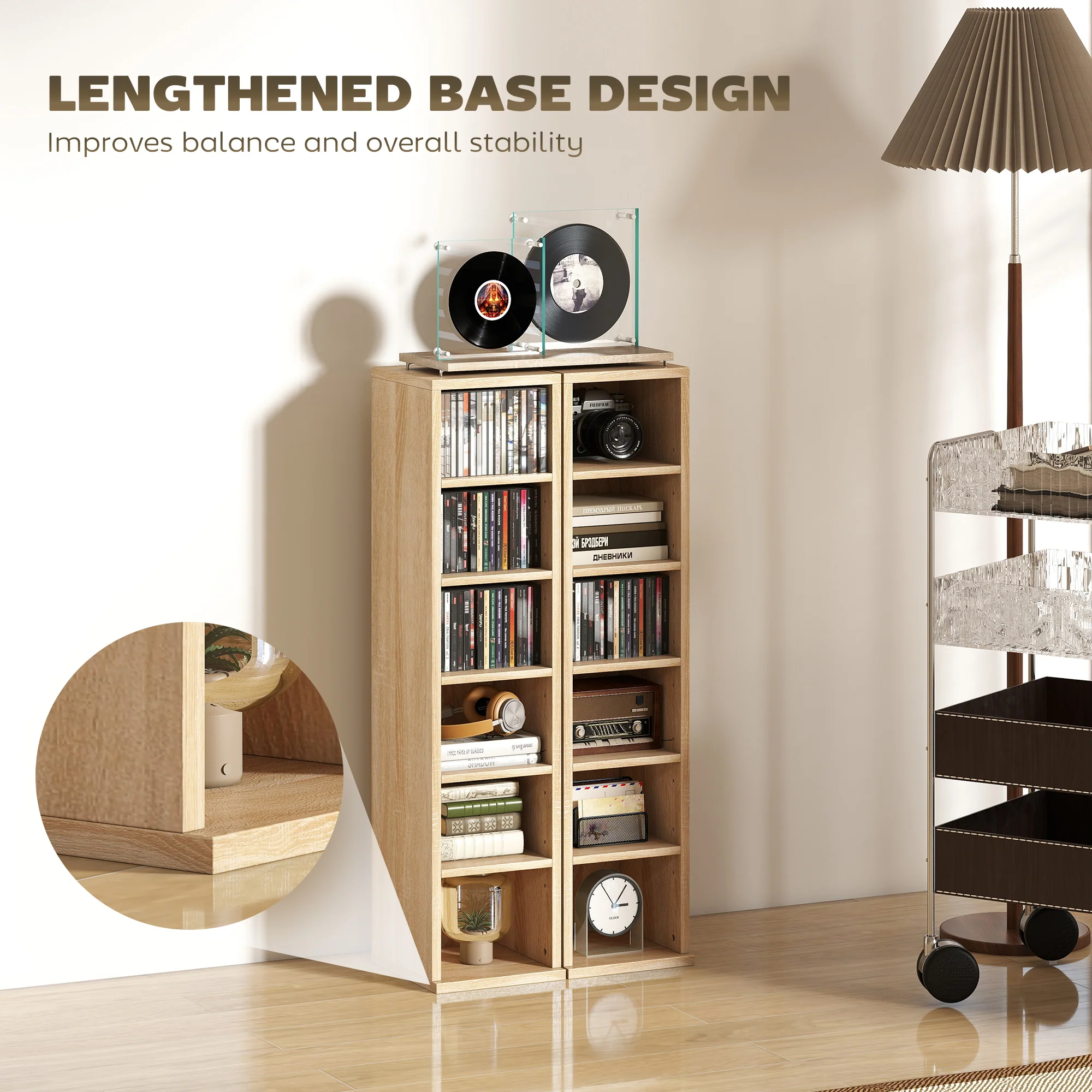 HOMCOM Set of 2 CD Storage Units DVD Shelf with Adjustable Shelves, Oak - Image 8