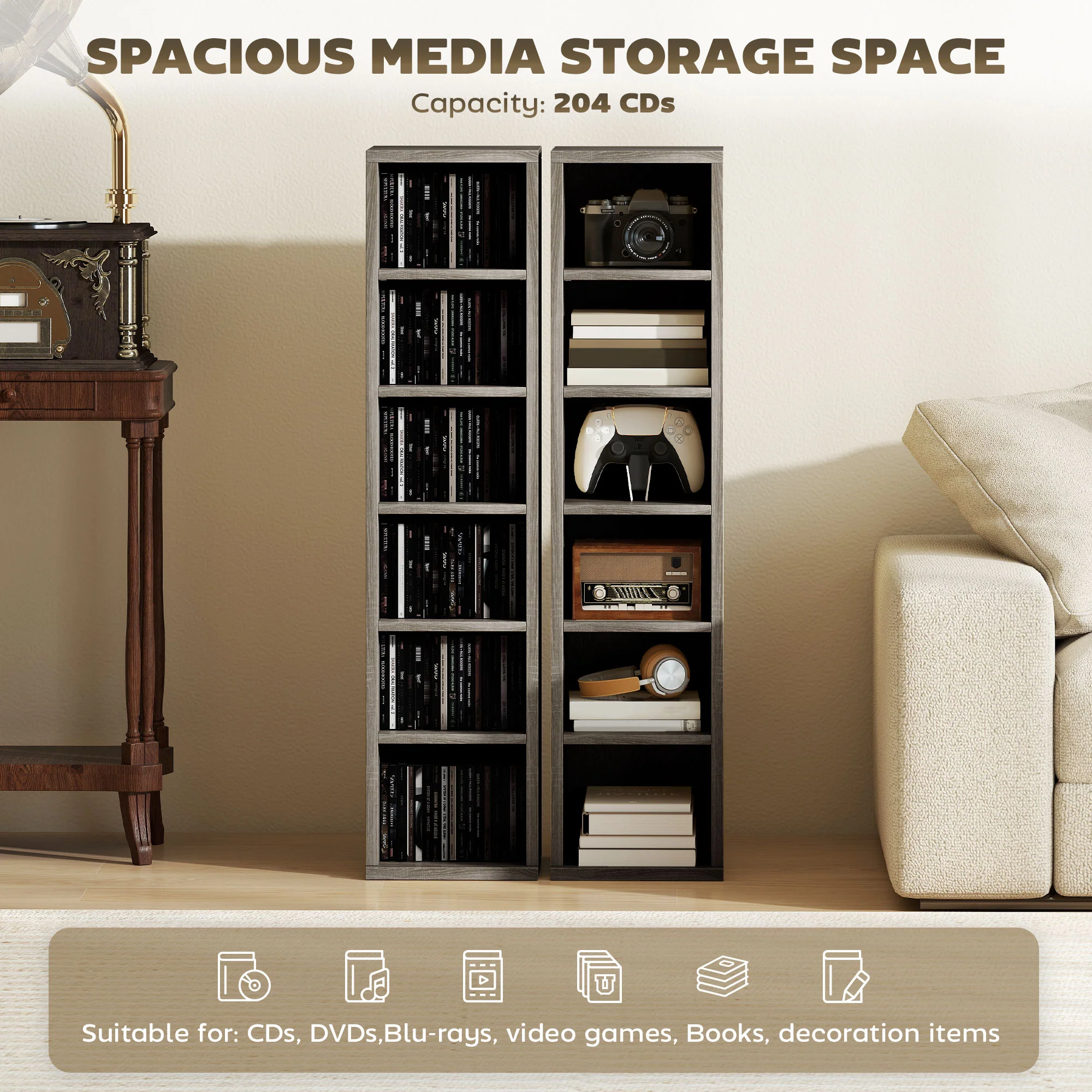 HOMCOM Set of 2 CD Storage Units with Adjustable Shelves, Distressed Grey - Image 4