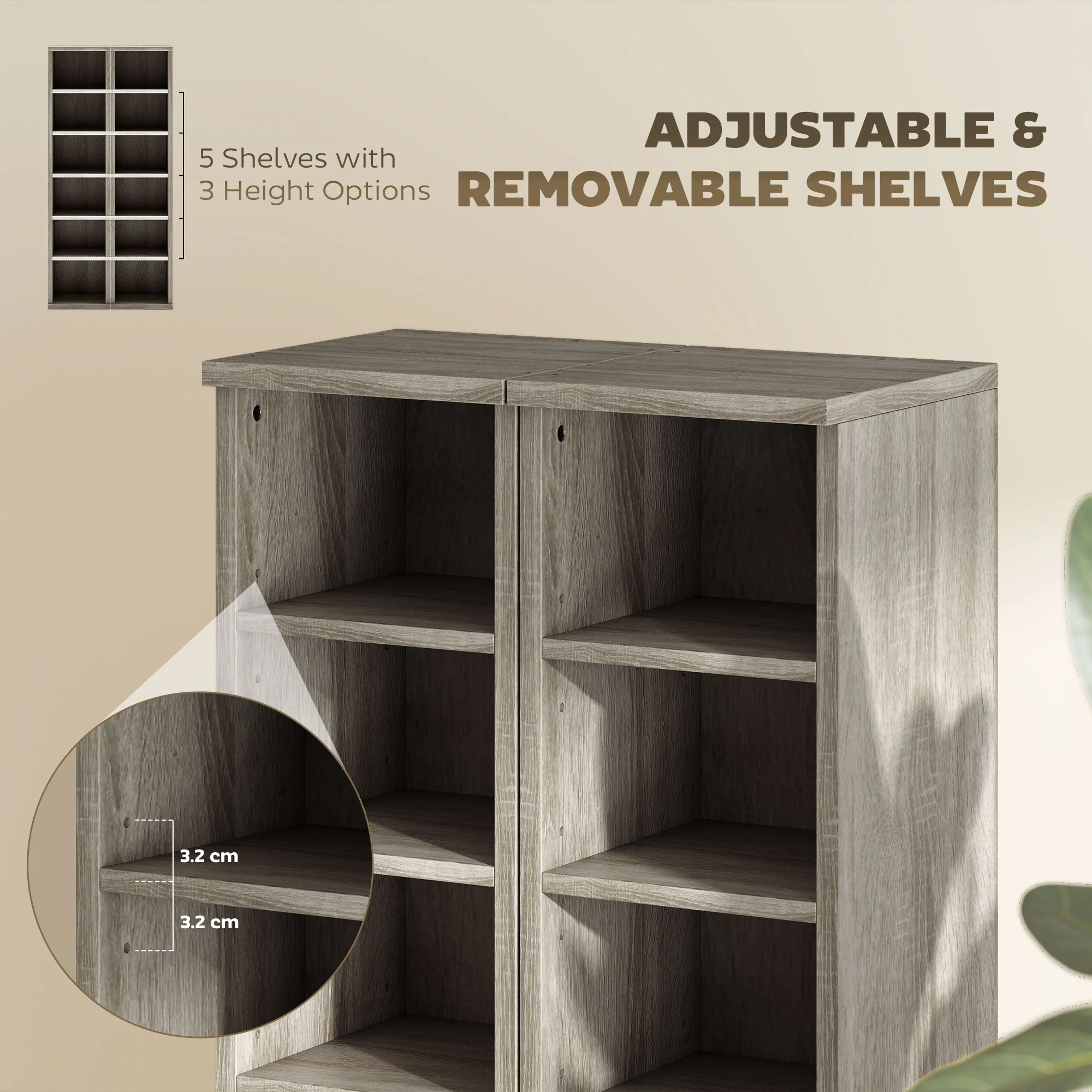 HOMCOM Set of 2 CD Storage Units with Adjustable Shelves, Distressed Grey - Image 6