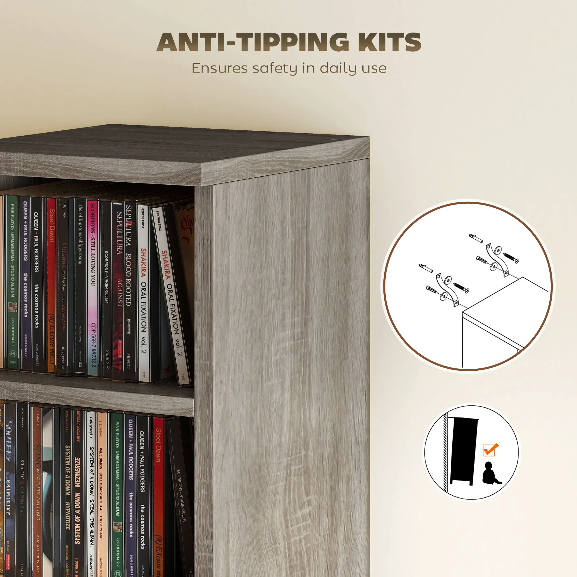 HOMCOM Set of 2 CD Storage Units with Adjustable Shelves, Distressed Grey - Image 7