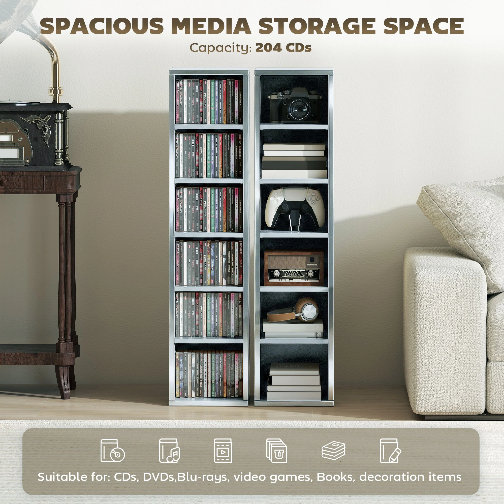 HOMCOM Set of 2 CD Storage Units with Adjustable Shelves, High Gloss Grey - Image 4