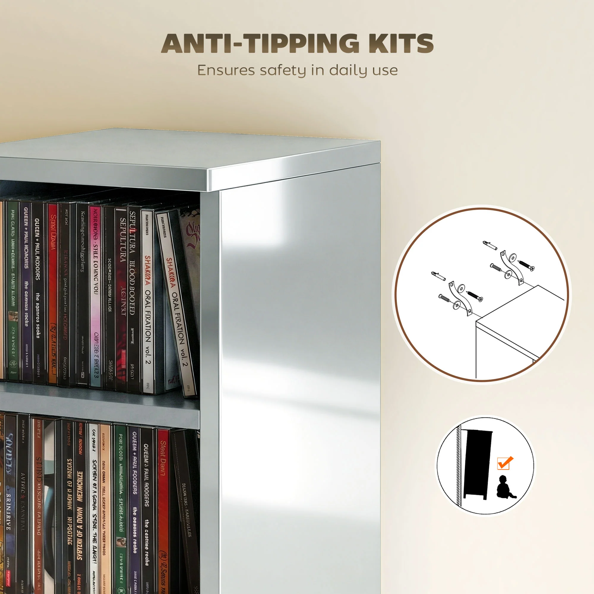 HOMCOM Set of 2 CD Storage Units with Adjustable Shelves, High Gloss Grey - Image 7