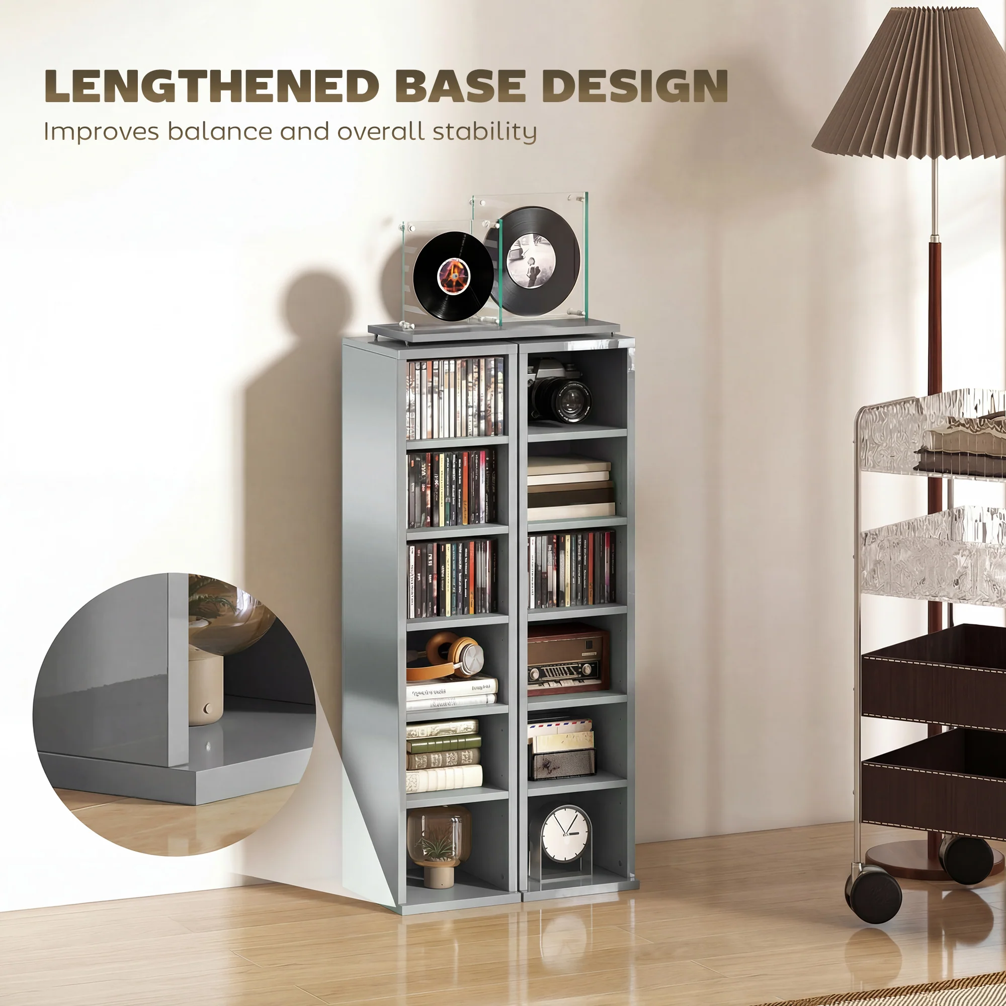 HOMCOM Set of 2 CD Storage Units with Adjustable Shelves, High Gloss Grey - Image 8