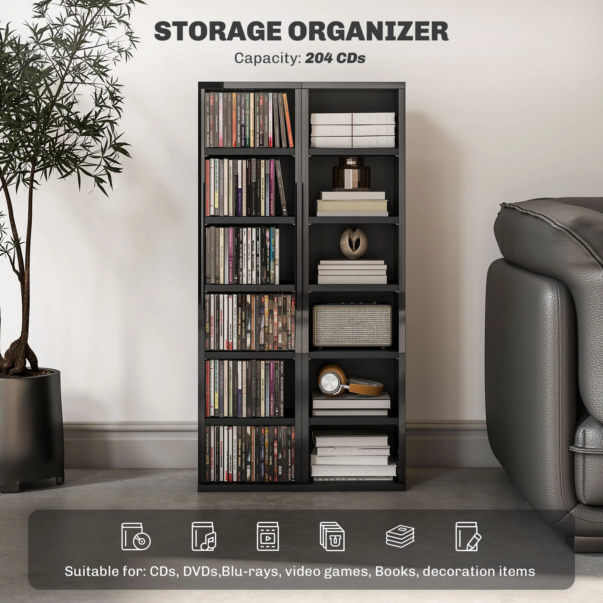 HOMCOM Set Of 2 CD Storage Units With Adjustable Shelves, High Gloss White, Grey And Black - Image 12