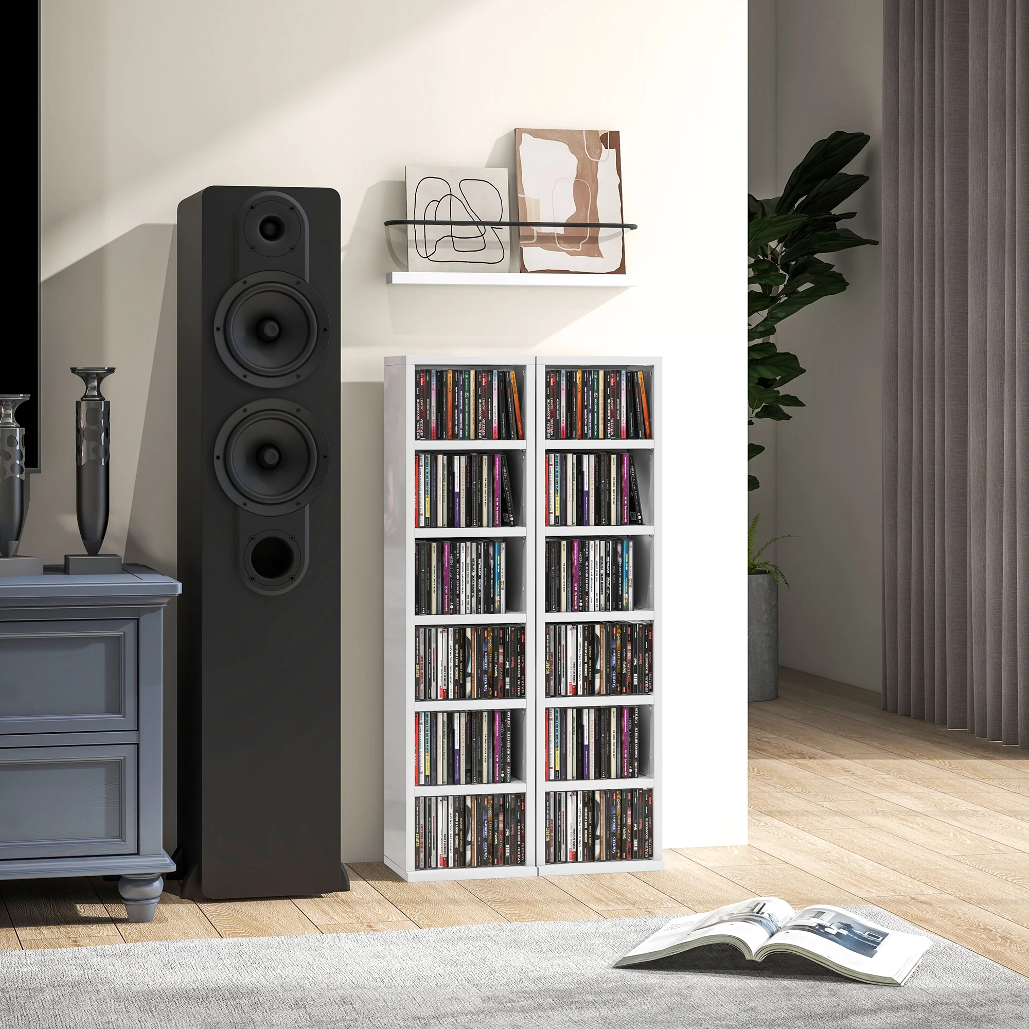 HOMCOM Set Of 2 CD Storage Units With Adjustable Shelves, High Gloss White, Grey And Black - Image 2