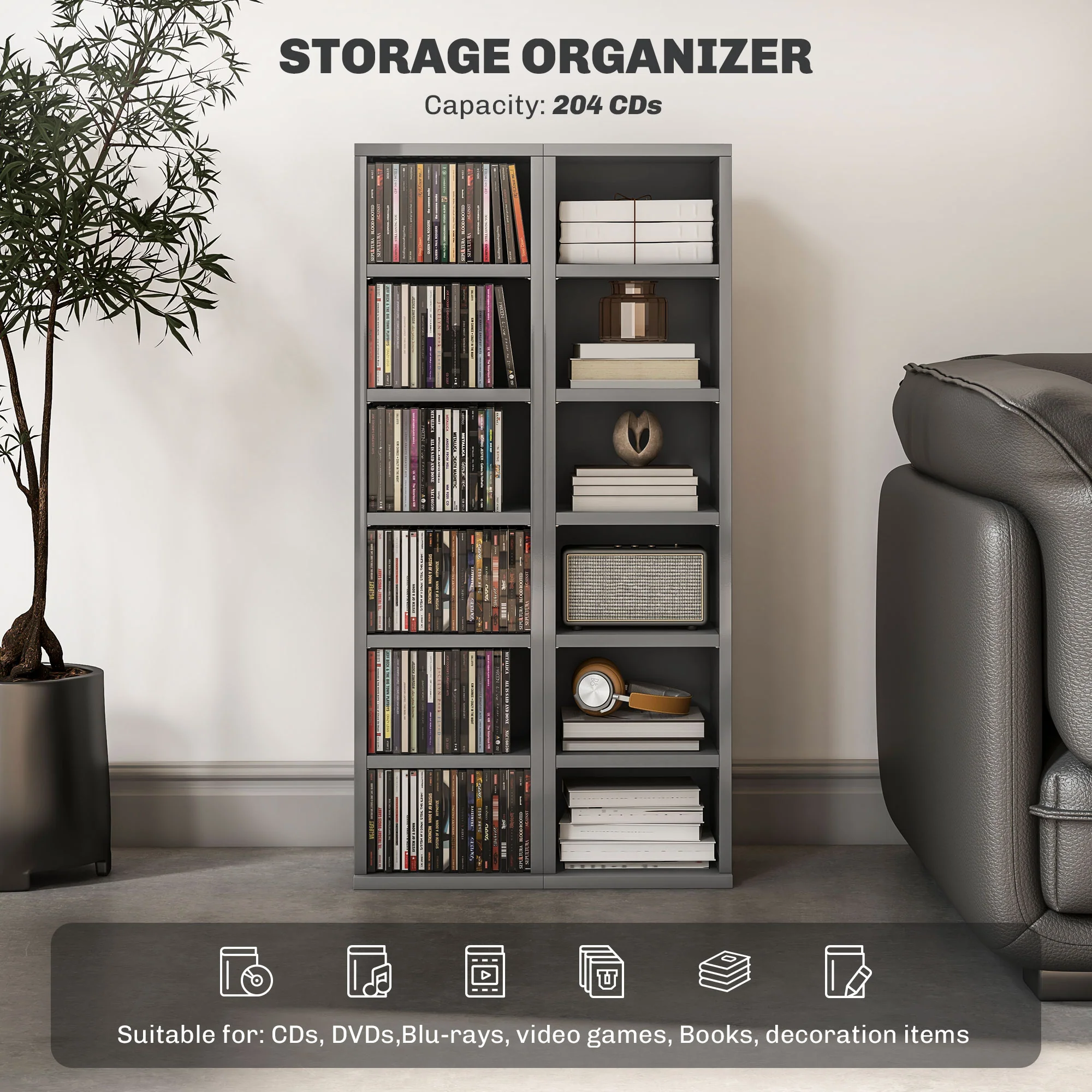 HOMCOM Set Of 2 CD Storage Units With Adjustable Shelves, High Gloss White, Grey And Black - Image 20