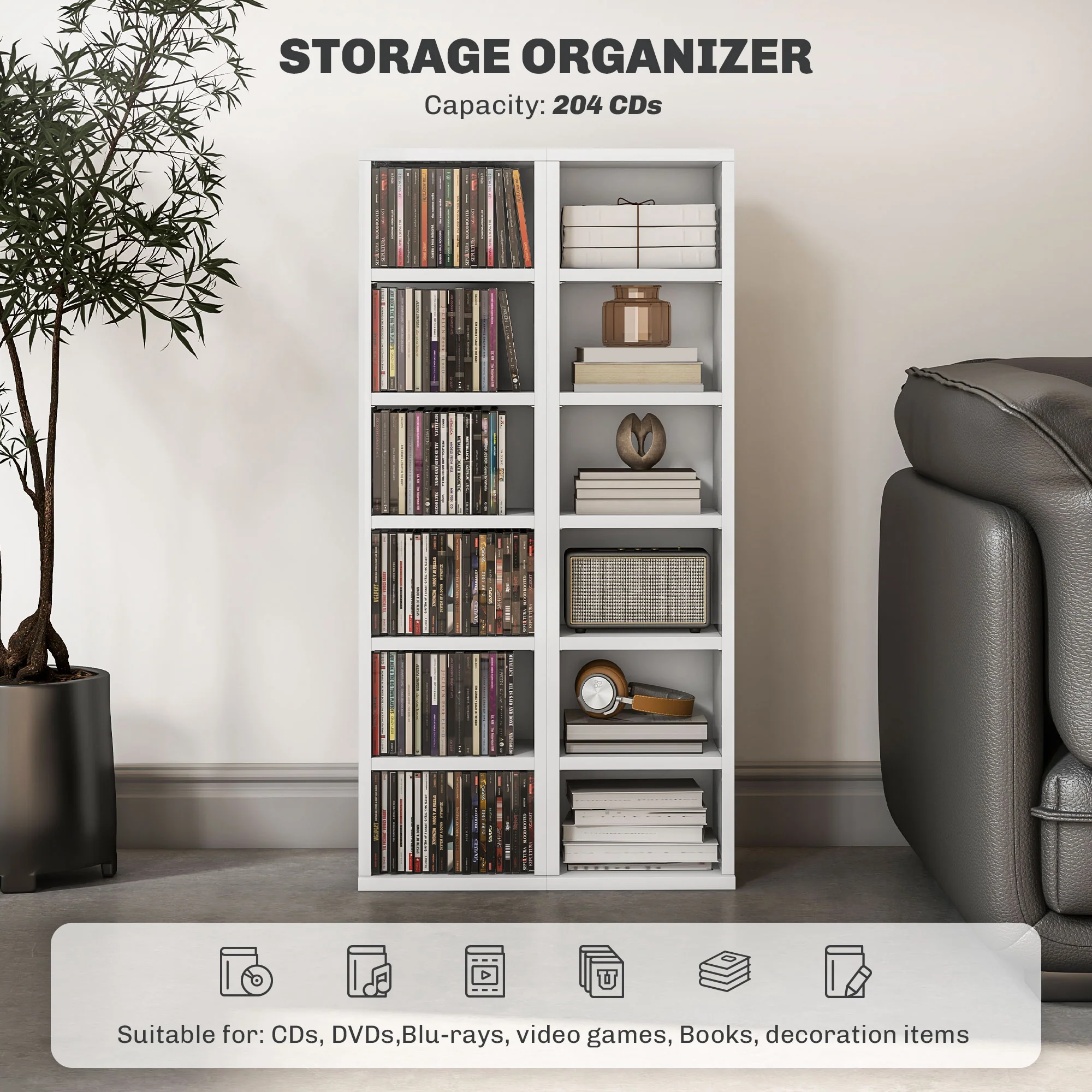 HOMCOM Set Of 2 CD Storage Units With Adjustable Shelves, High Gloss White, Grey And Black - Image 3