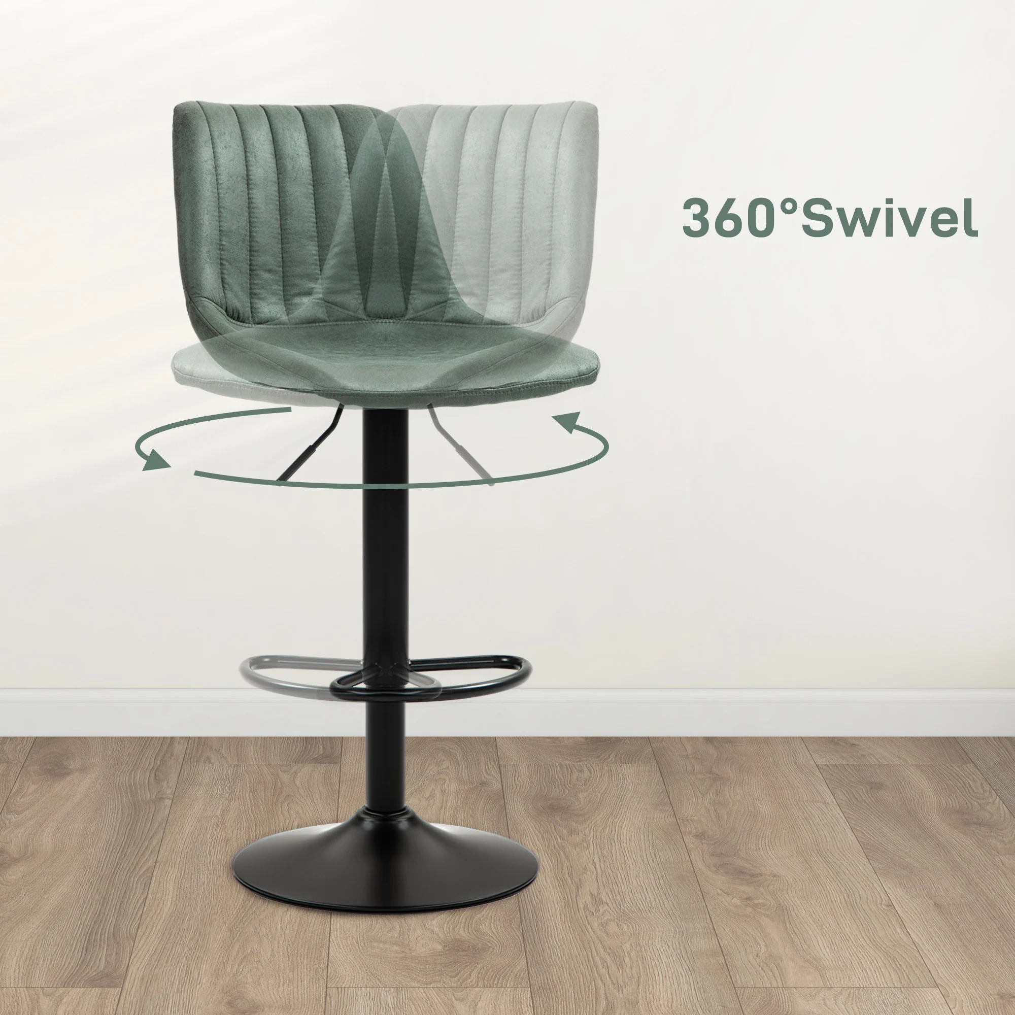 HOMCOM Set Of 2 Microfibre Retro Tub Bar Stools Metal Frame Footrest Seat Green/Blue - Image 4