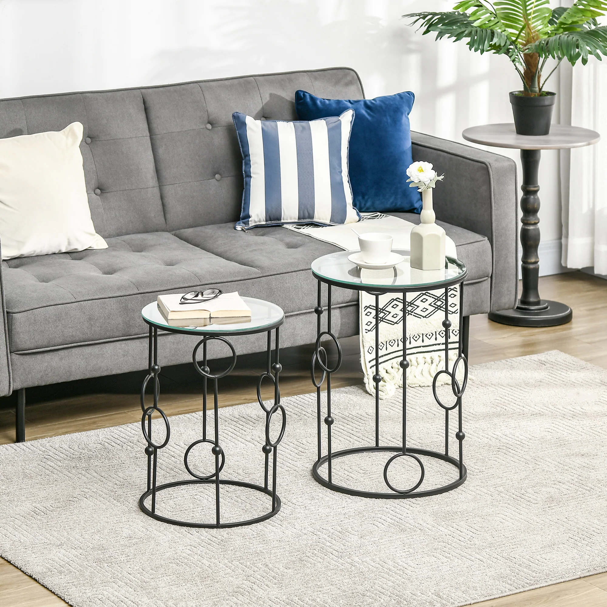 HOMCOM Set Of 2 Nesting Coffee Table, Side Tables With Glass Top, Black - Image 2
