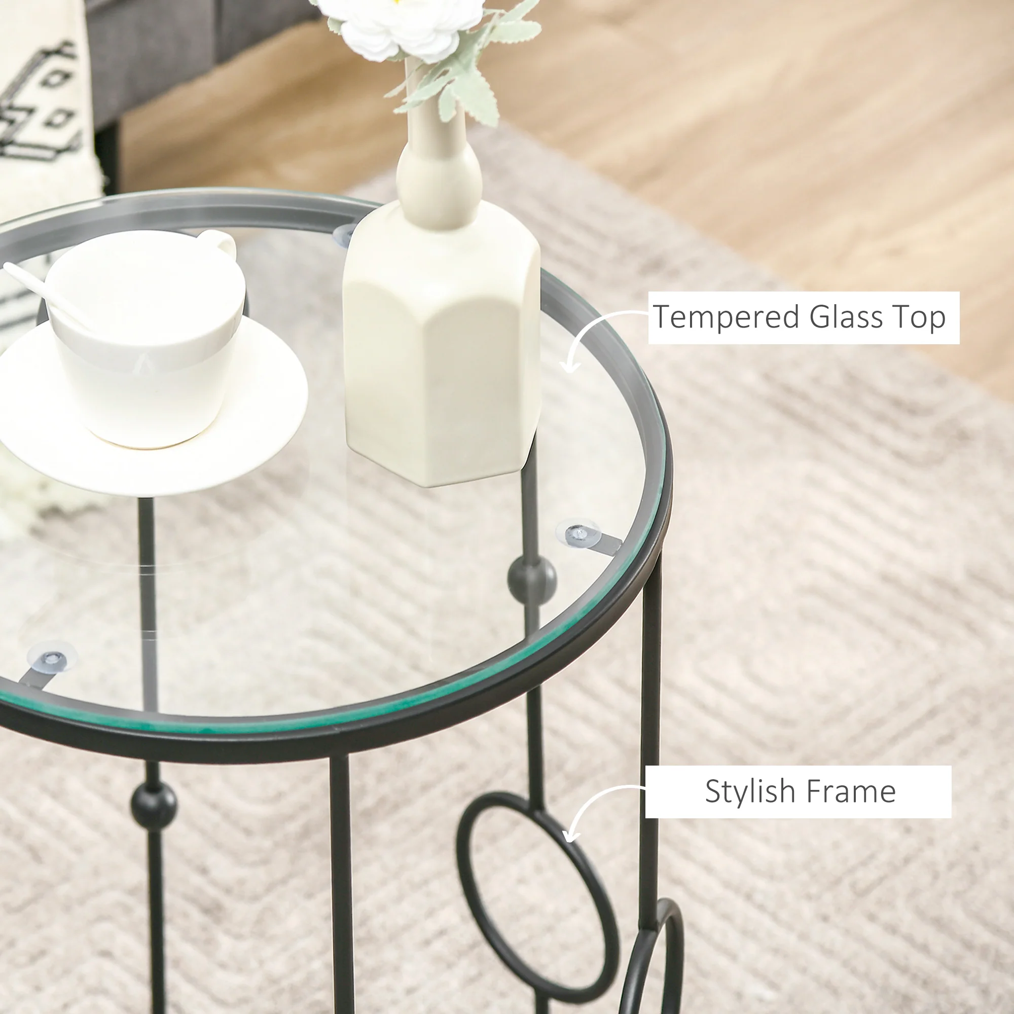 HOMCOM Set Of 2 Nesting Coffee Table, Side Tables With Glass Top, Black - Image 4
