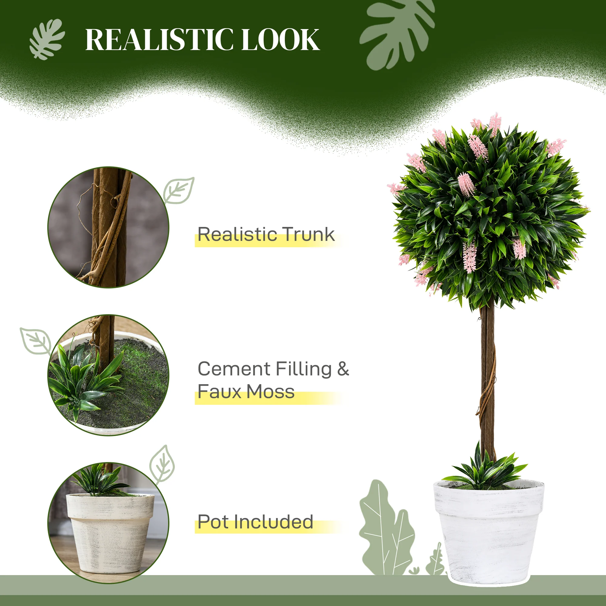 HOMCOM Set Of 2 Potted Artificial Plants Ball Tree With Flowers - Image 12
