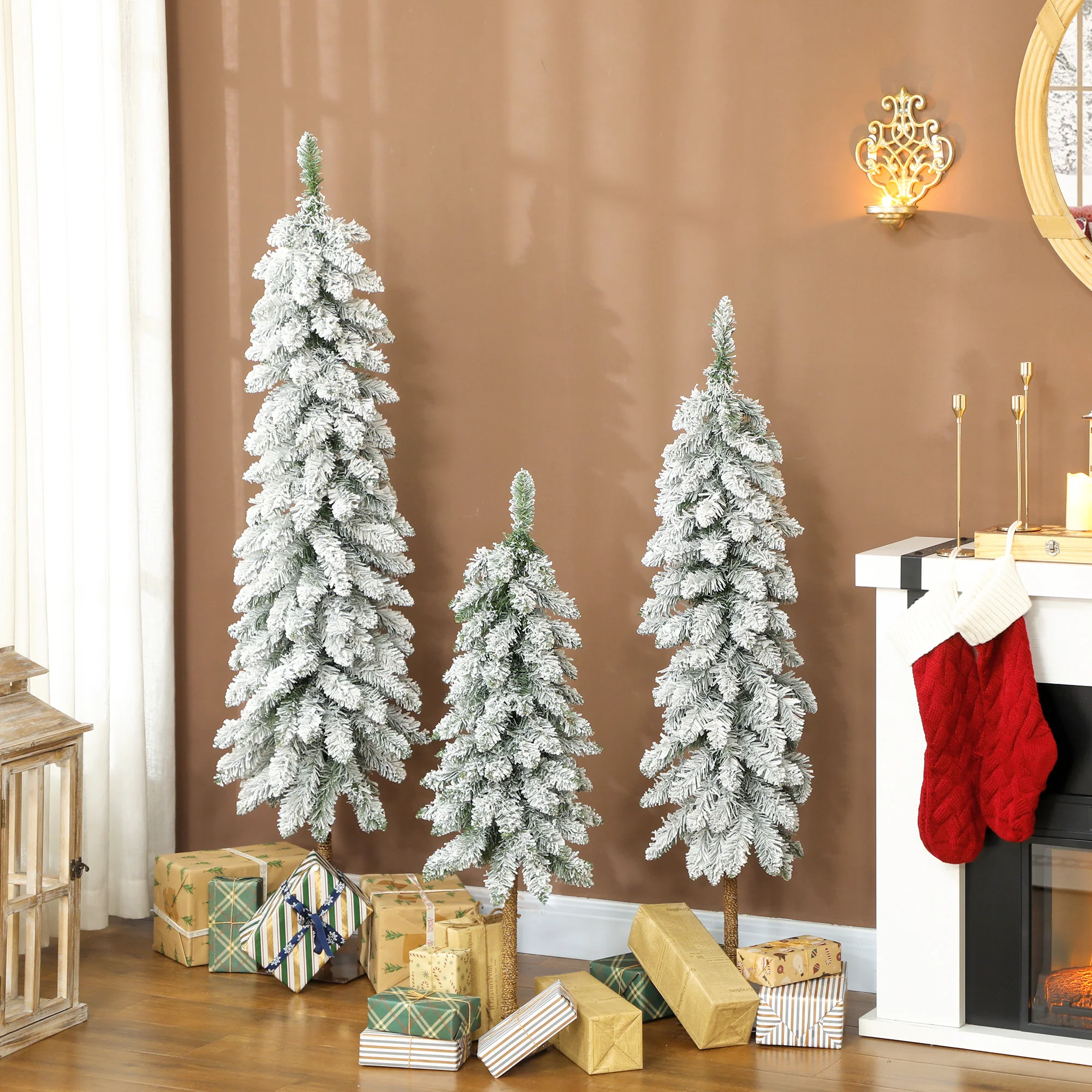 HOMCOM Set of 3 Flocked Christmas Tree, Pencil Downswept Xmas Tree - Image 2