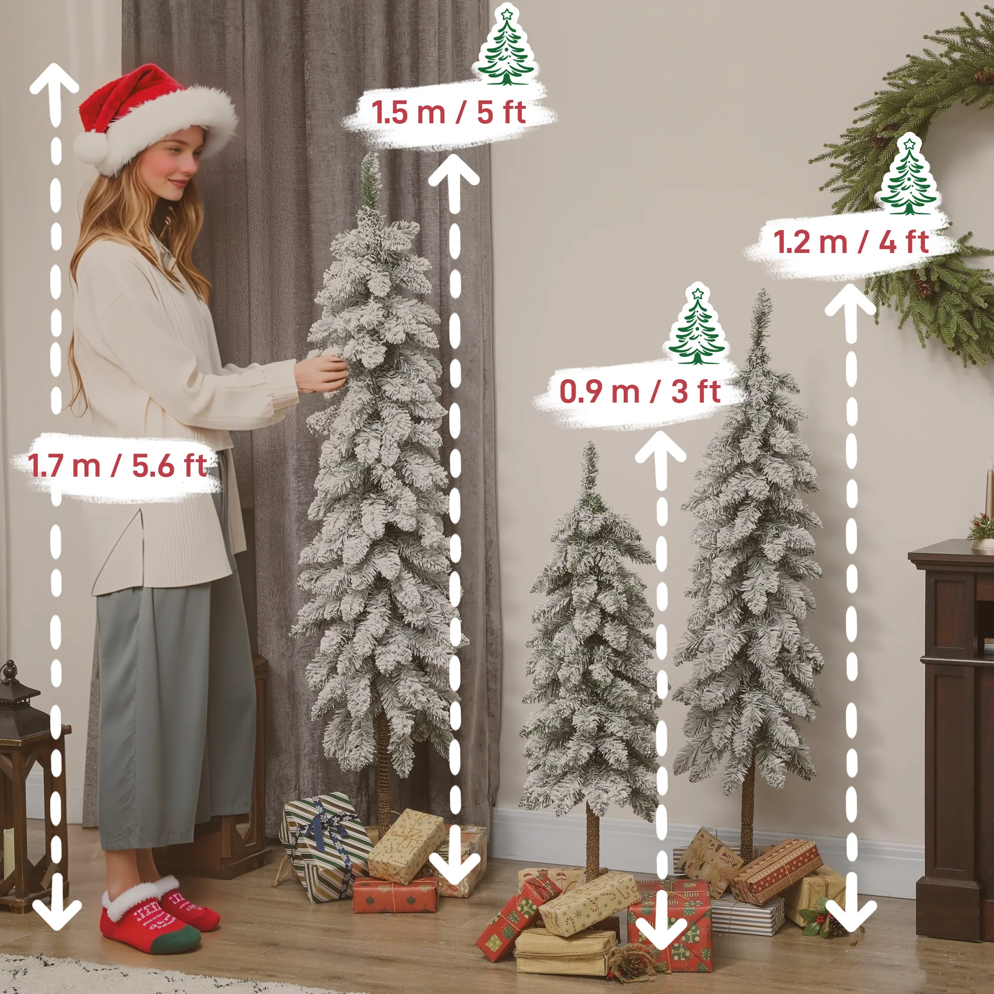 HOMCOM Set of 3 Flocked Christmas Tree, Pencil Downswept Xmas Tree - Image 3
