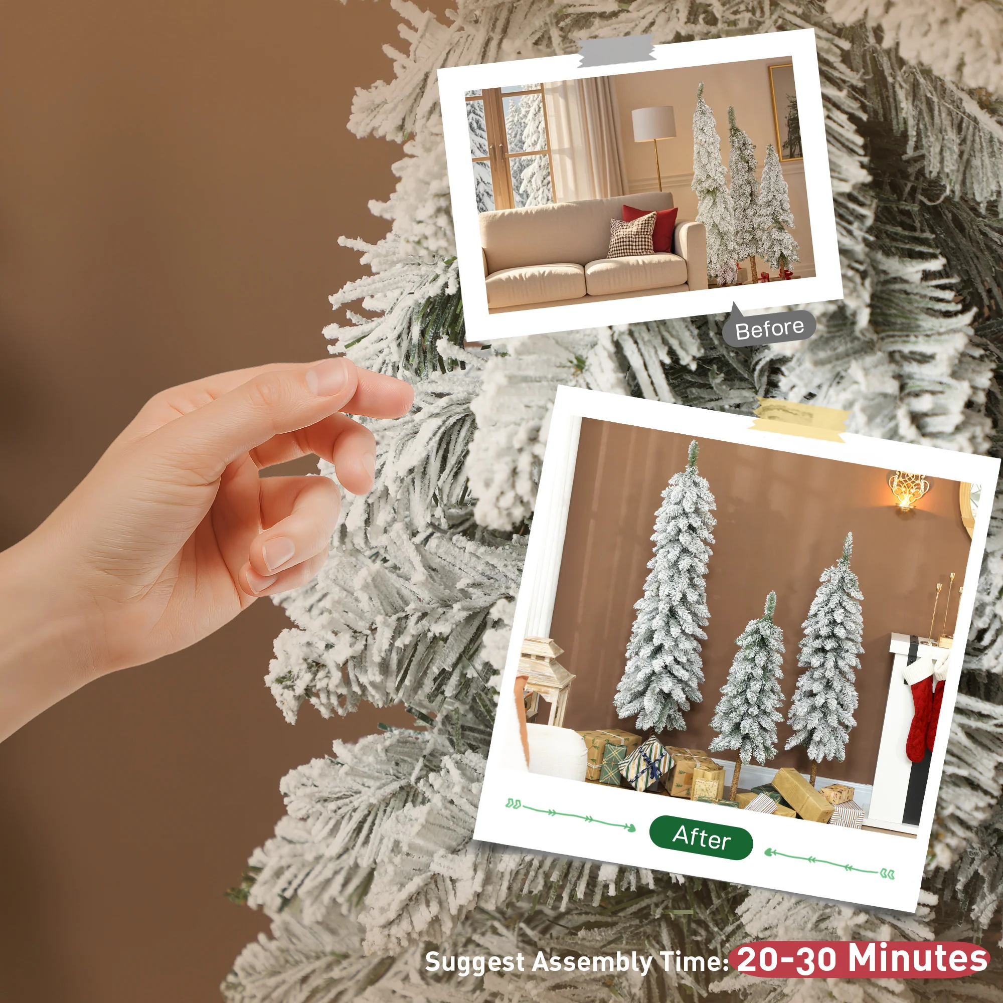 HOMCOM Set of 3 Flocked Christmas Tree, Pencil Downswept Xmas Tree - Image 6
