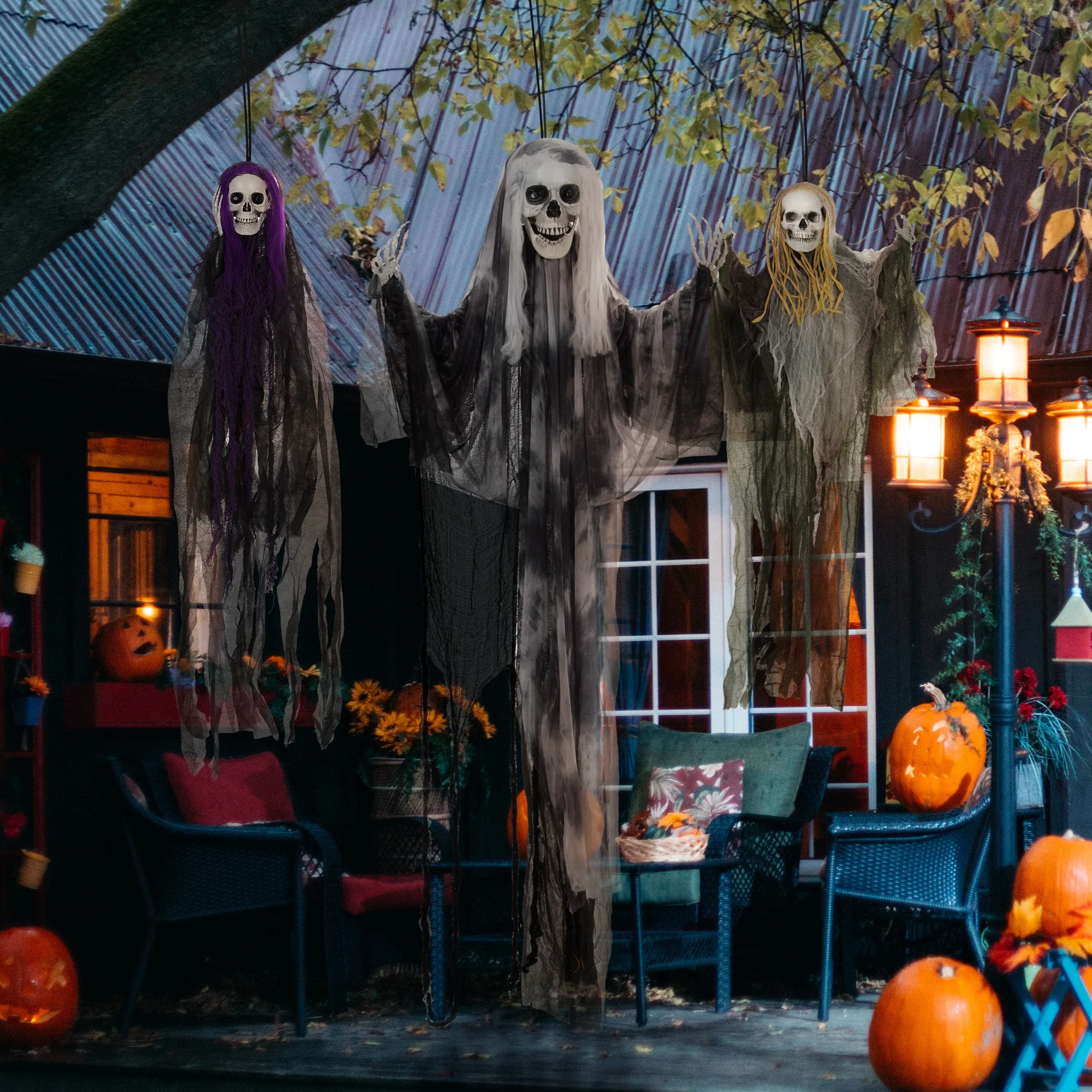 HOMCOM Set of 3 Hanging Skeleton, Flying Ghost Halloween Decorations - Image 2
