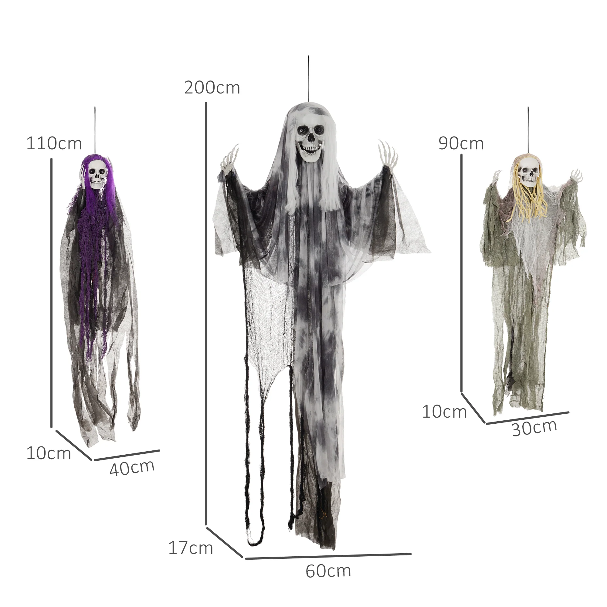 HOMCOM Set of 3 Hanging Skeleton, Flying Ghost Halloween Decorations - Image 3