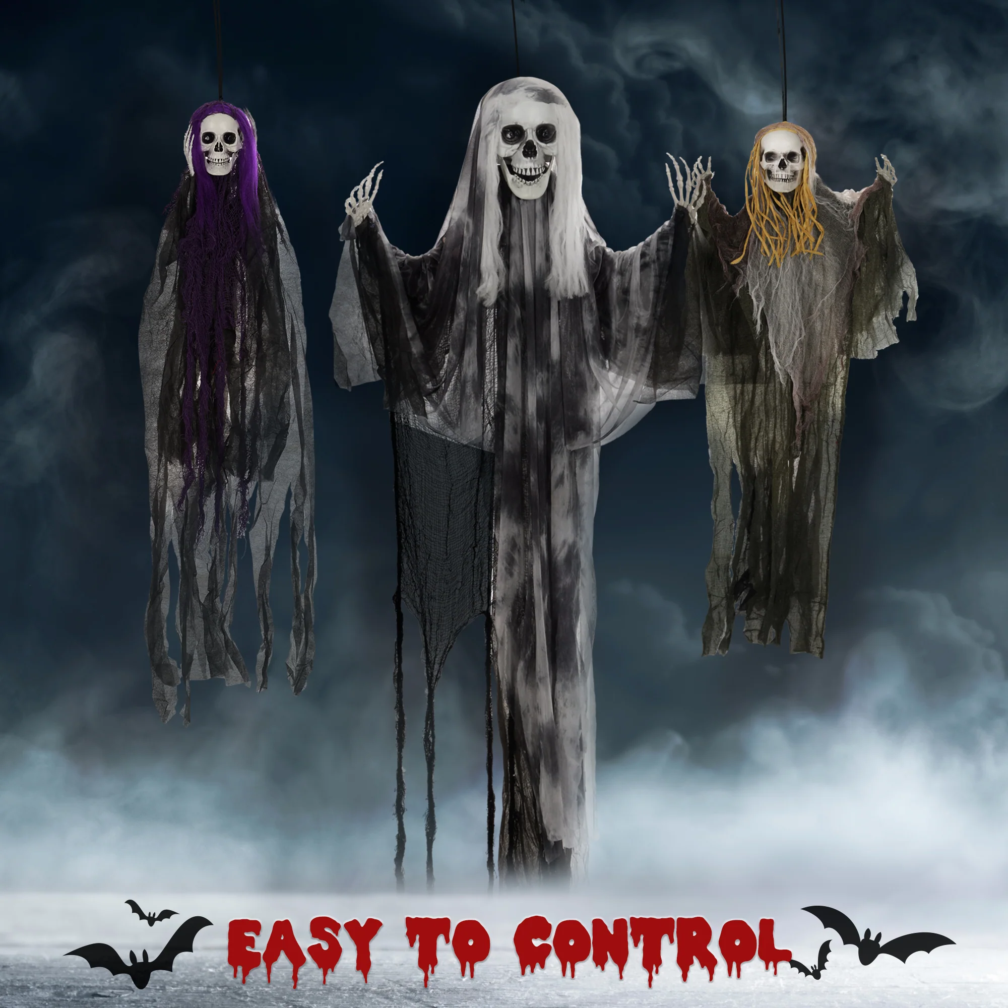 HOMCOM Set of 3 Hanging Skeleton, Flying Ghost Halloween Decorations - Image 5