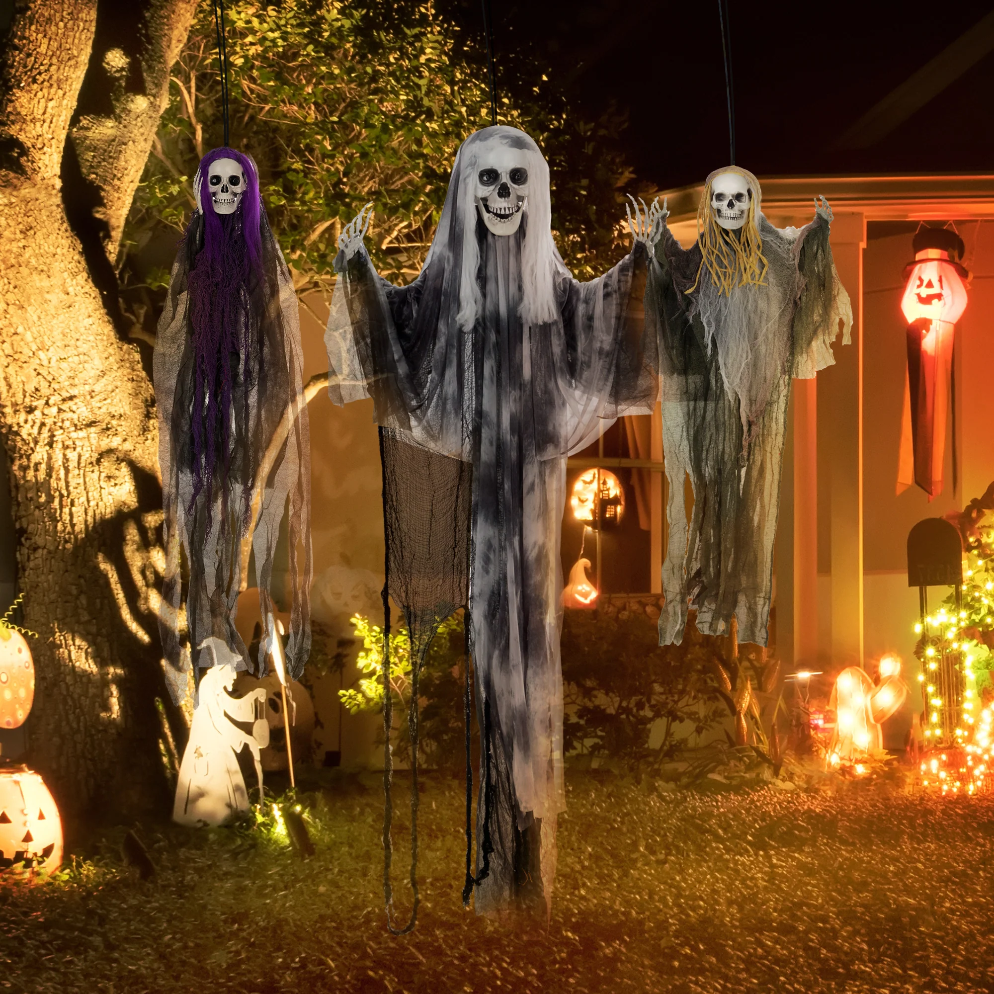 HOMCOM Set of 3 Hanging Skeleton, Flying Ghost Halloween Decorations - Image 6