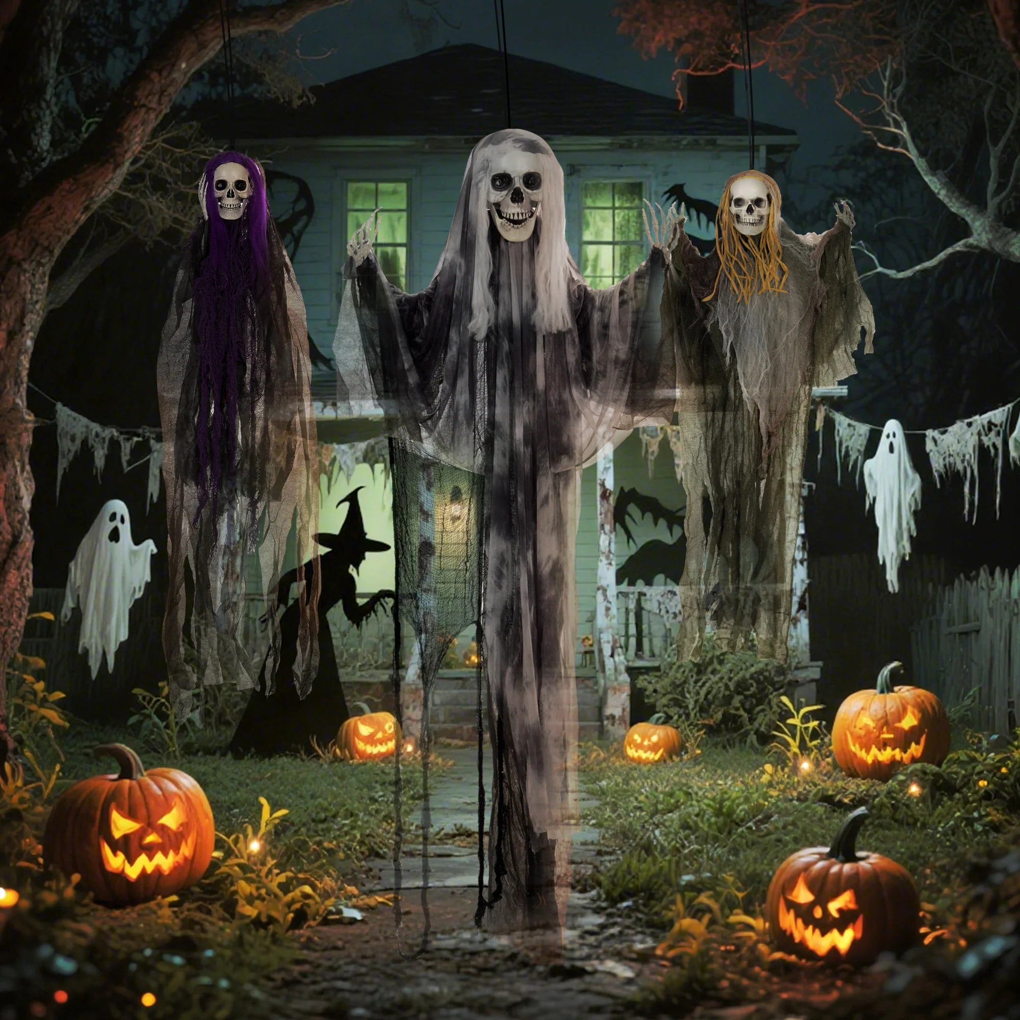 HOMCOM Set of 3 Hanging Skeleton, Flying Ghost Halloween Decorations - Image 7