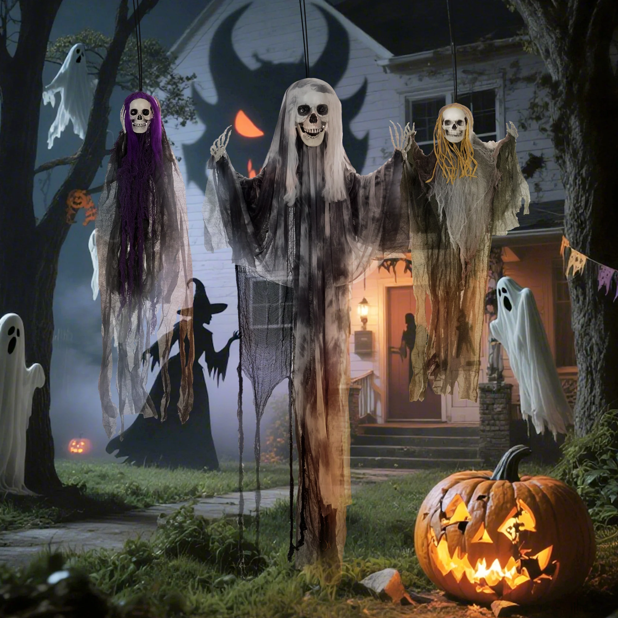 HOMCOM Set of 3 Hanging Skeleton, Flying Ghost Halloween Decorations - Image 8