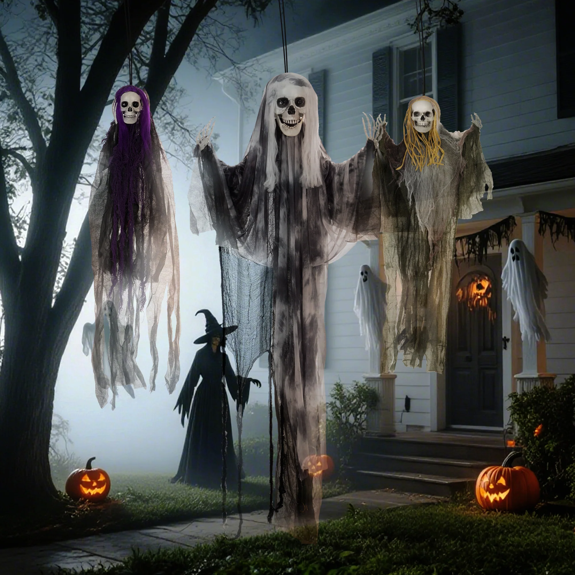 HOMCOM Set of 3 Hanging Skeleton, Flying Ghost Halloween Decorations - Image 9