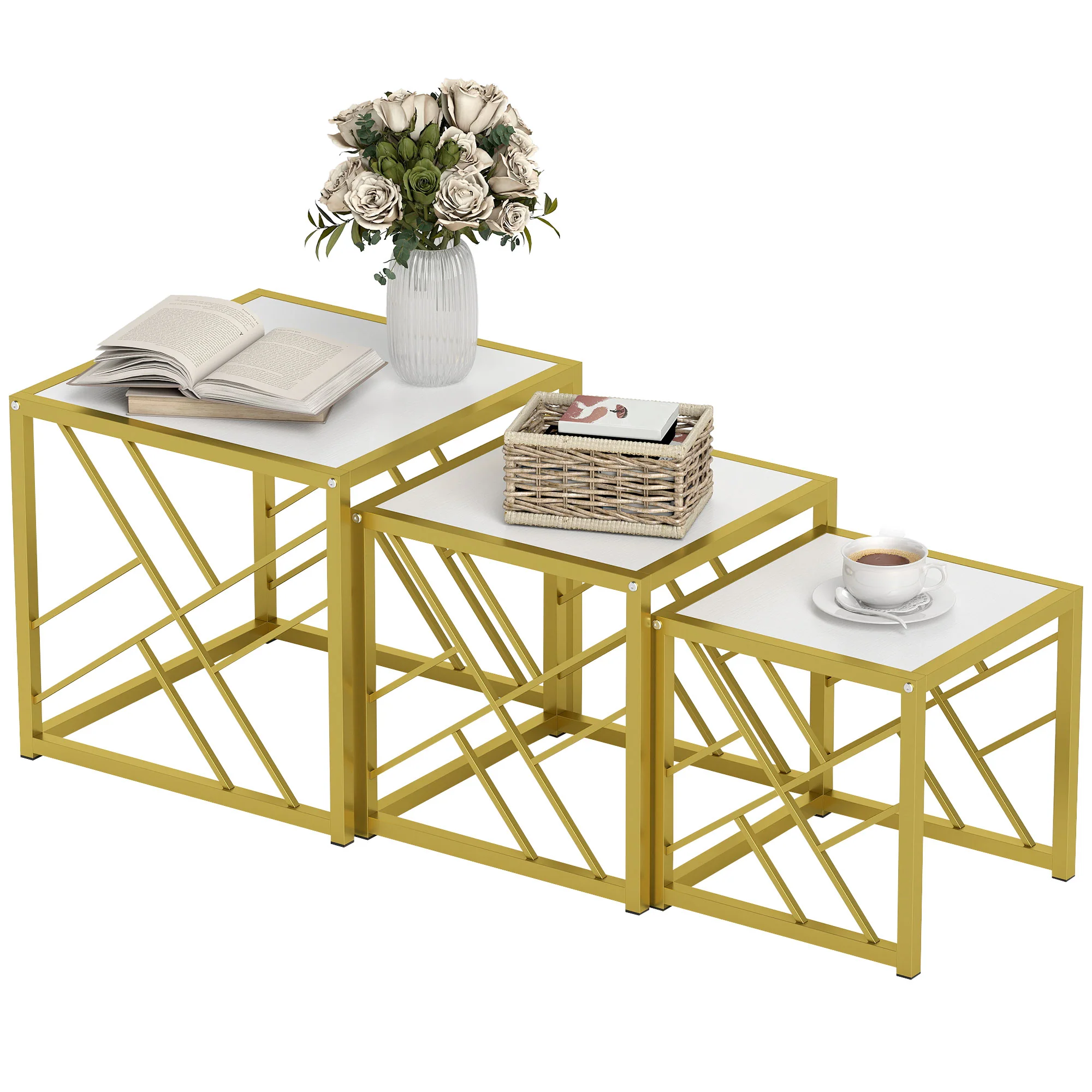 HOMCOM Set of 3 Nesting Coffee Tables Square End Tables w/ Metal Frame White