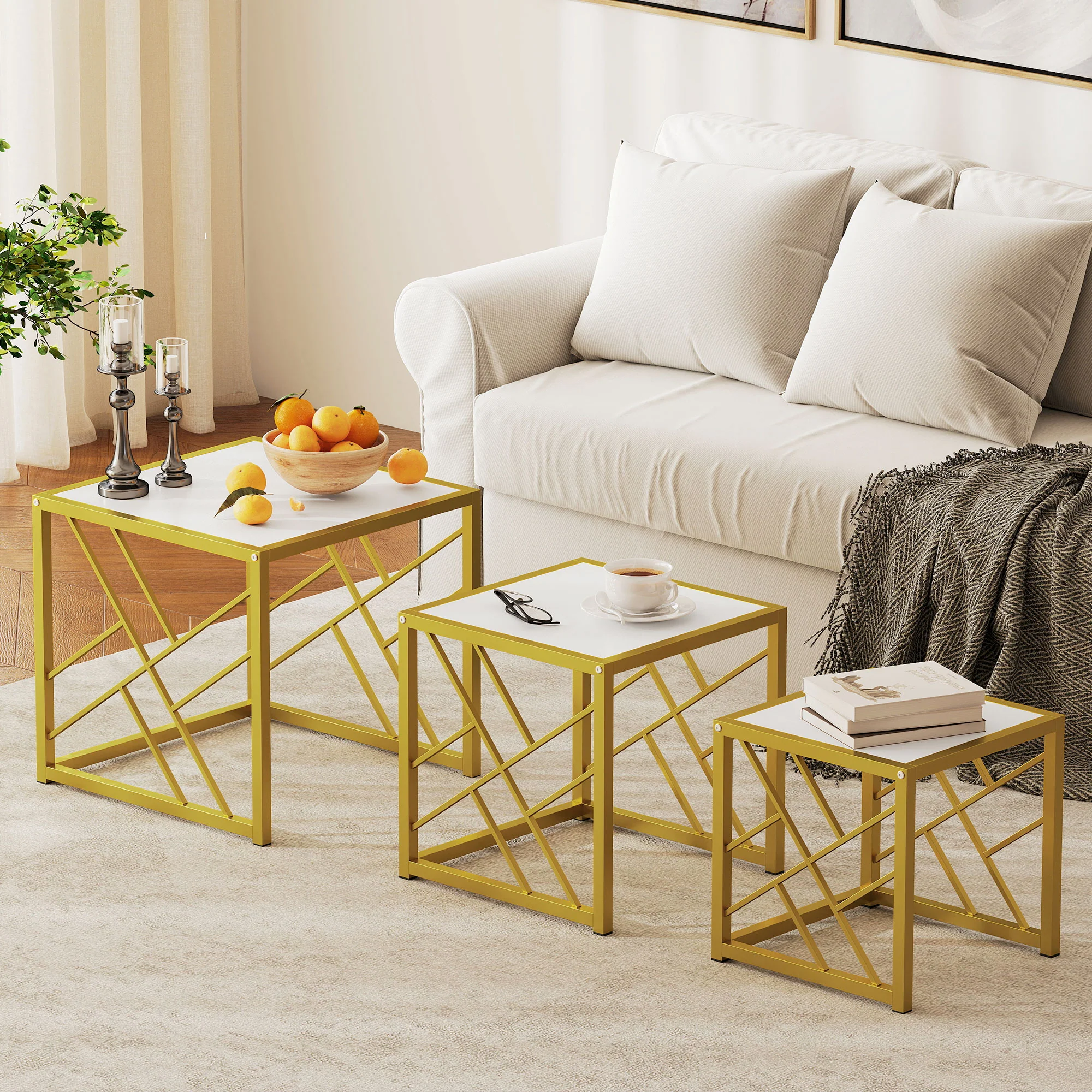 HOMCOM Set of 3 Nesting Coffee Tables Square End Tables w/ Metal Frame White - Image 2