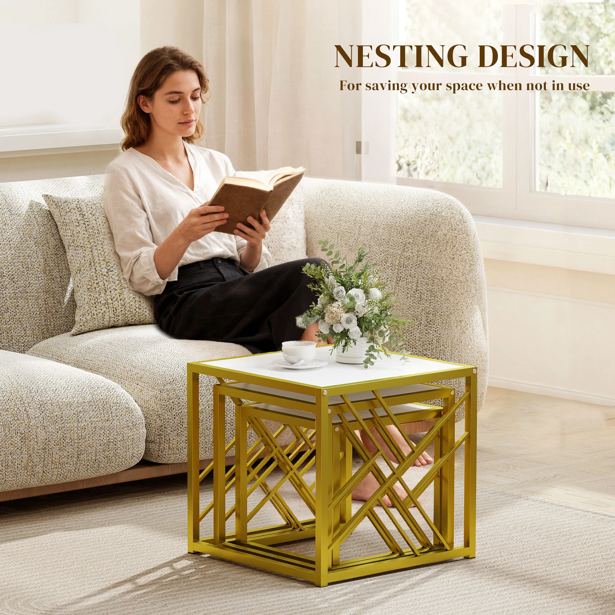 HOMCOM Set of 3 Nesting Coffee Tables Square End Tables w/ Metal Frame White - Image 4