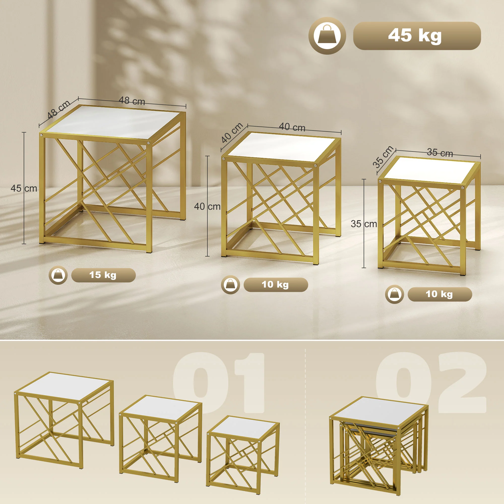 HOMCOM Set of 3 Nesting Coffee Tables Square End Tables w/ Metal Frame White - Image 5