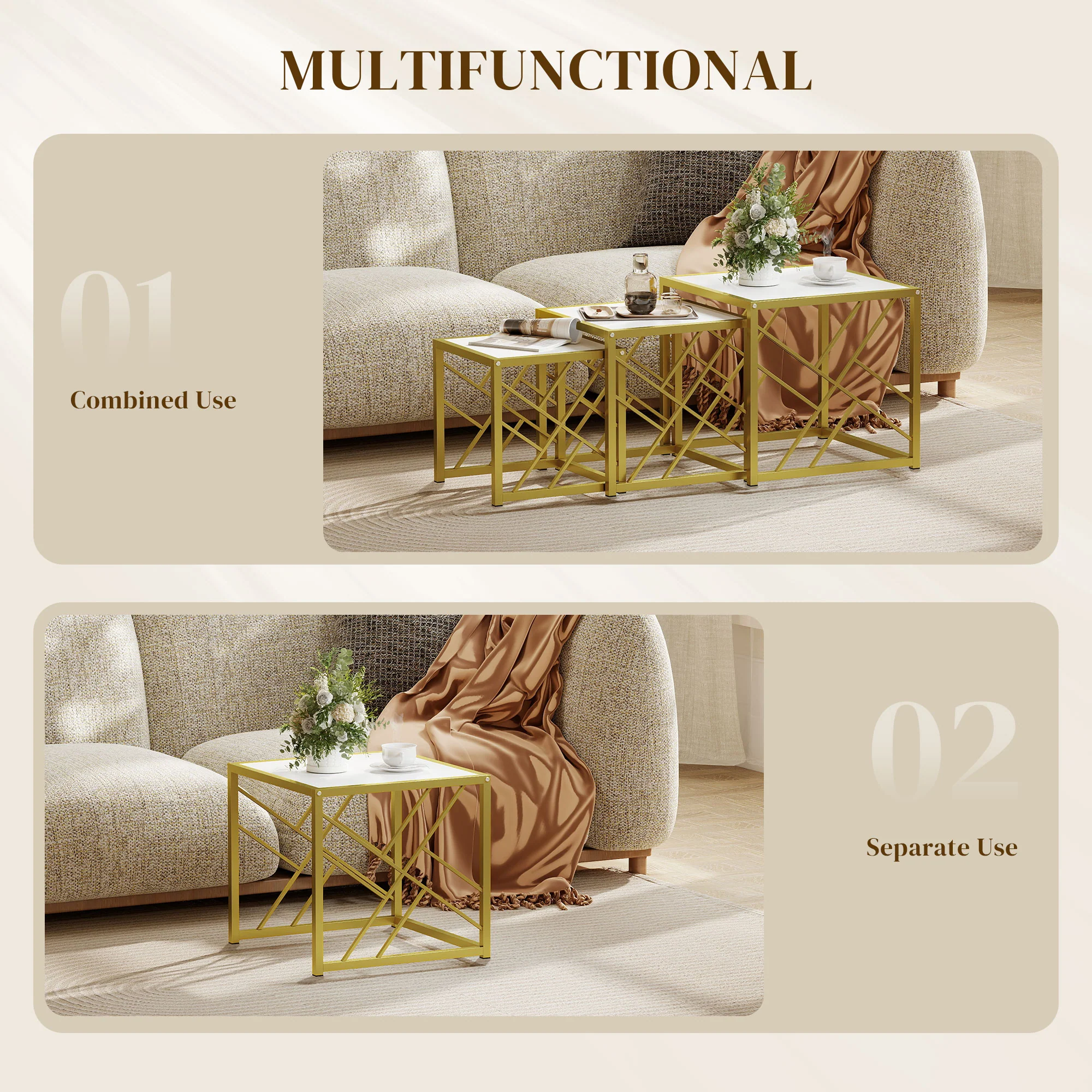 HOMCOM Set of 3 Nesting Coffee Tables Square End Tables w/ Metal Frame White - Image 6