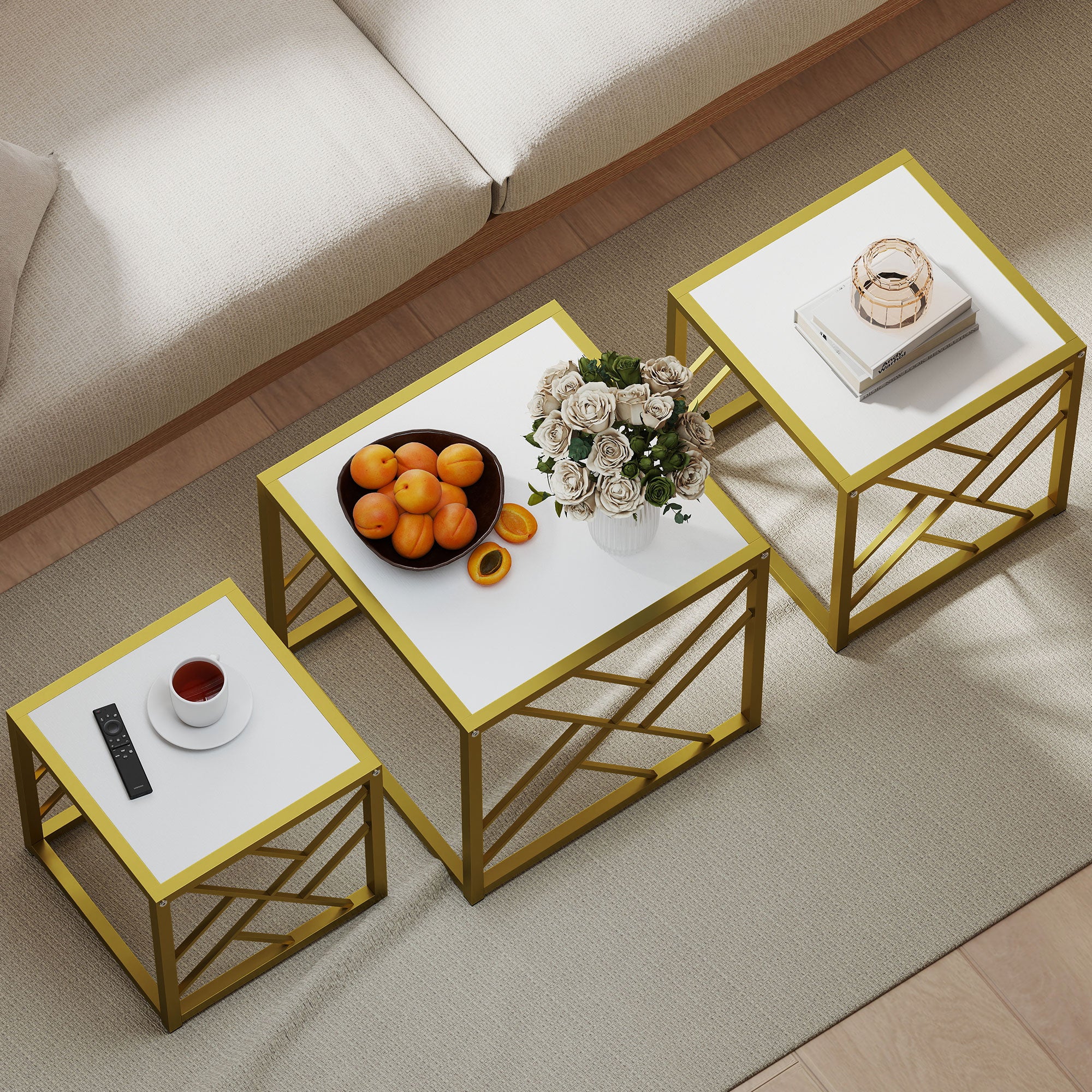 HOMCOM Set of 3 Nesting Coffee Tables Square End Tables w/ Metal Frame White - Image 7