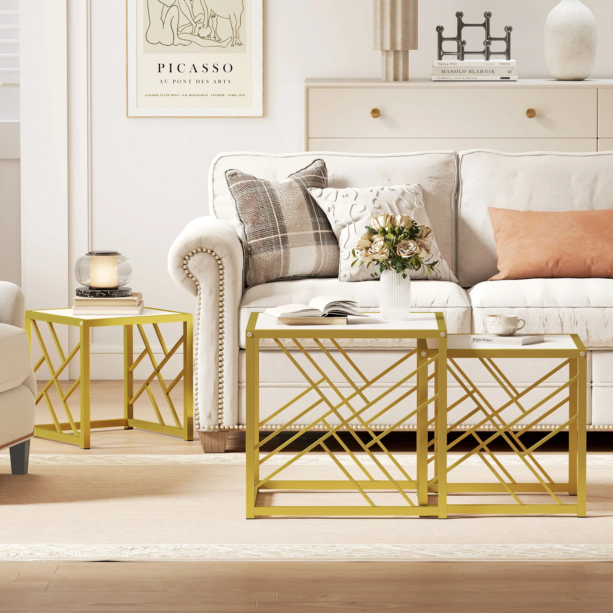 HOMCOM Set of 3 Nesting Coffee Tables Square End Tables w/ Metal Frame White - Image 8