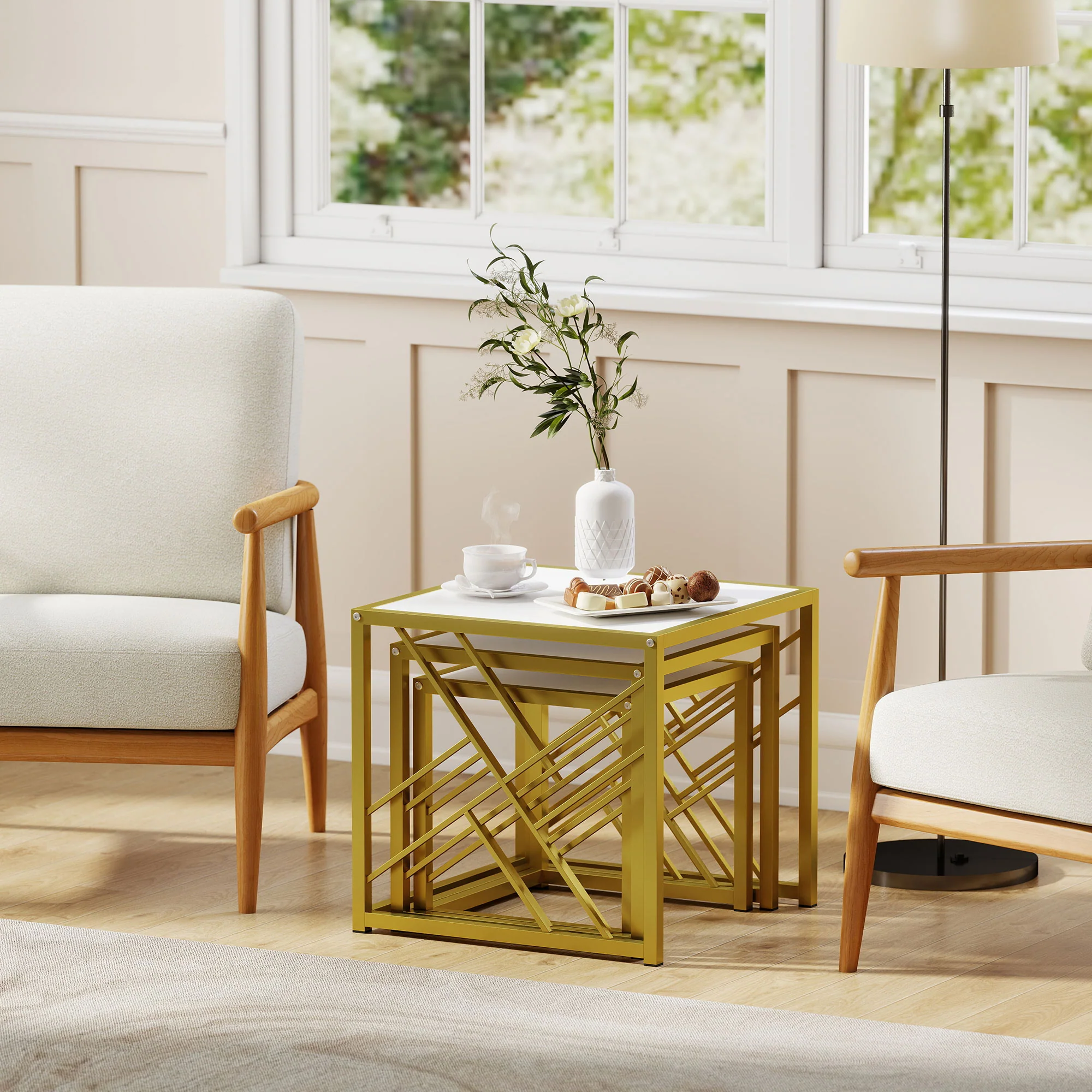 HOMCOM Set of 3 Nesting Coffee Tables Square End Tables w/ Metal Frame White - Image 9