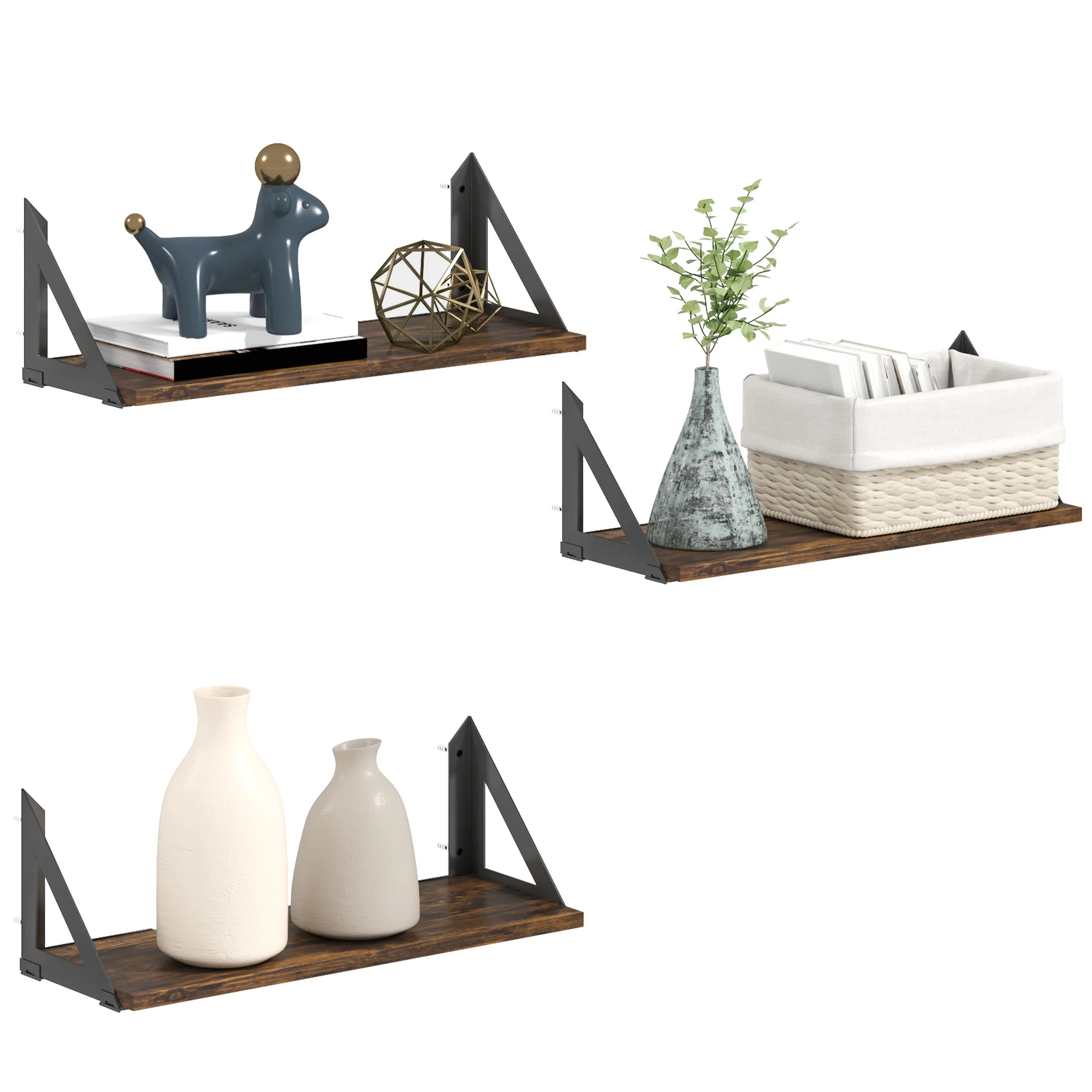 HOMCOM Set Of 3 Vintage Wall Shelves For Living Room Rustic Brown